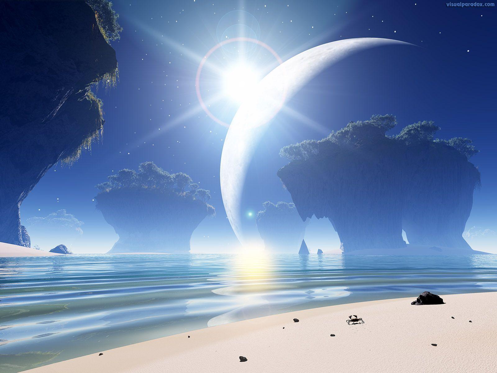 1600x1200 Alien ocean. Wallpaper Shine Moon Crab Alien Ocean Sea Waves Erosion Star Lens. Anime scenery wallpaper, Fantasy landscape, Planets art