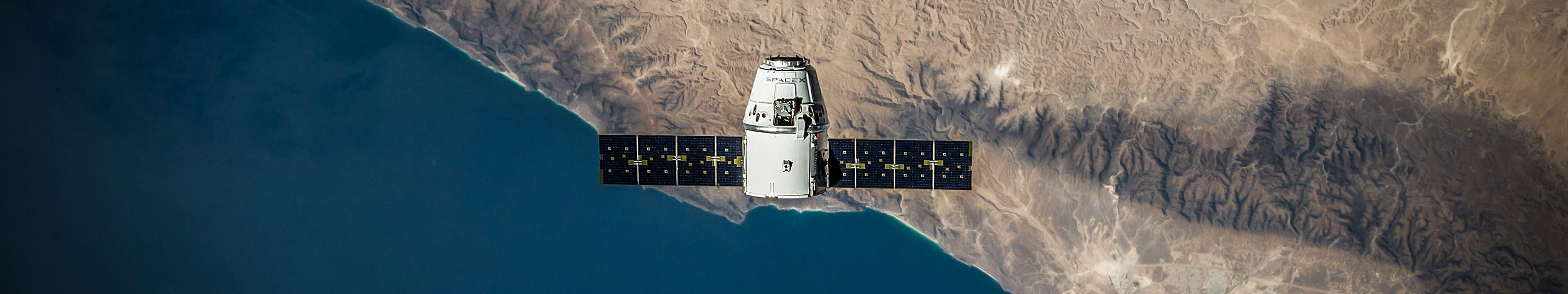 5760x1080 SpaceX, ISS Suply Ship, satelites, shore, water, desert, spacex1080 Wallpaper