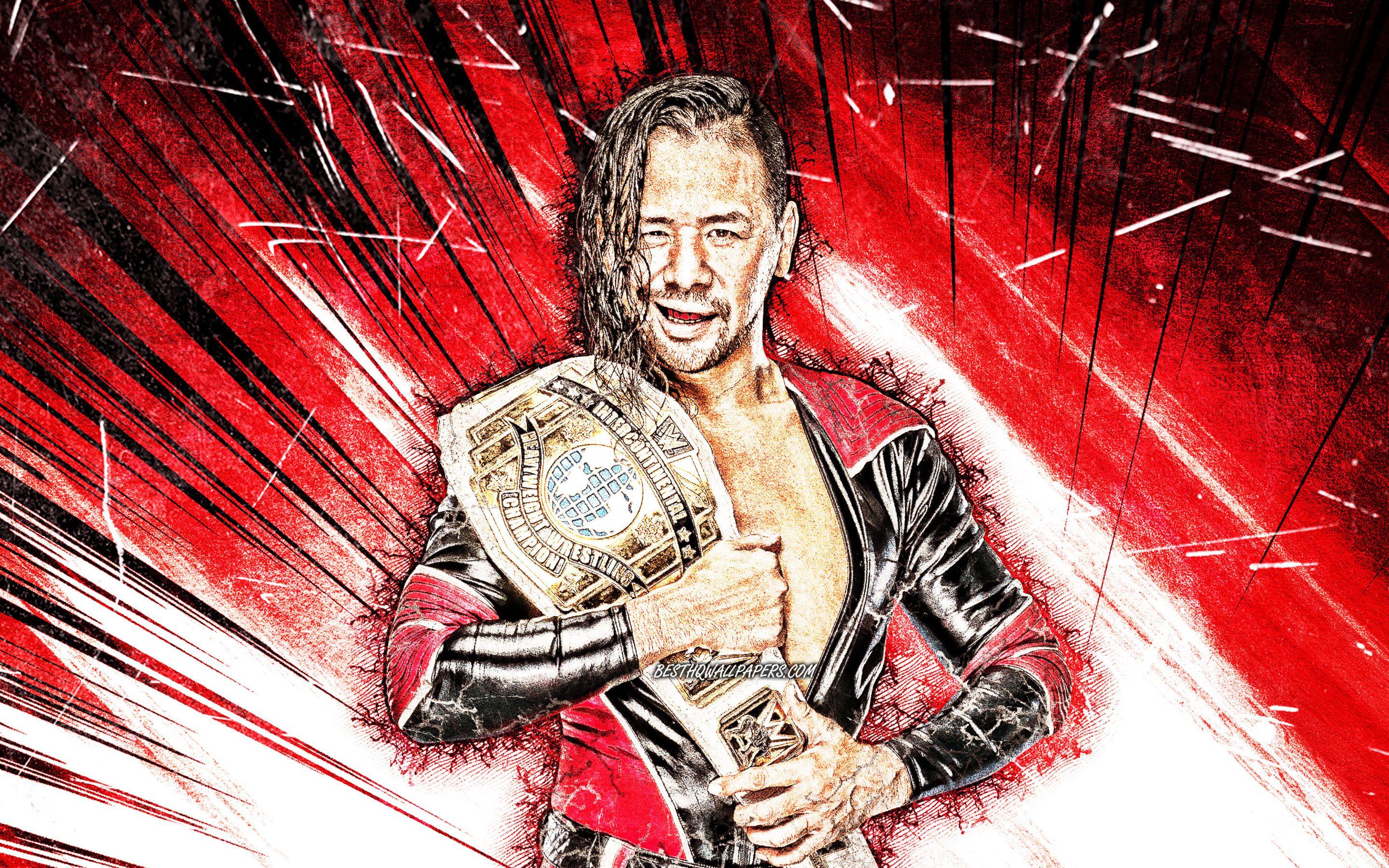 2880x1800 Download wallpaper Shinsuke Nakamura, WWE, grunge art, Japanese wrestlers, wrestling, red abstract rays, wrestlers for desktop with resolution 2880x1800. High Quality HD picture wallpaper