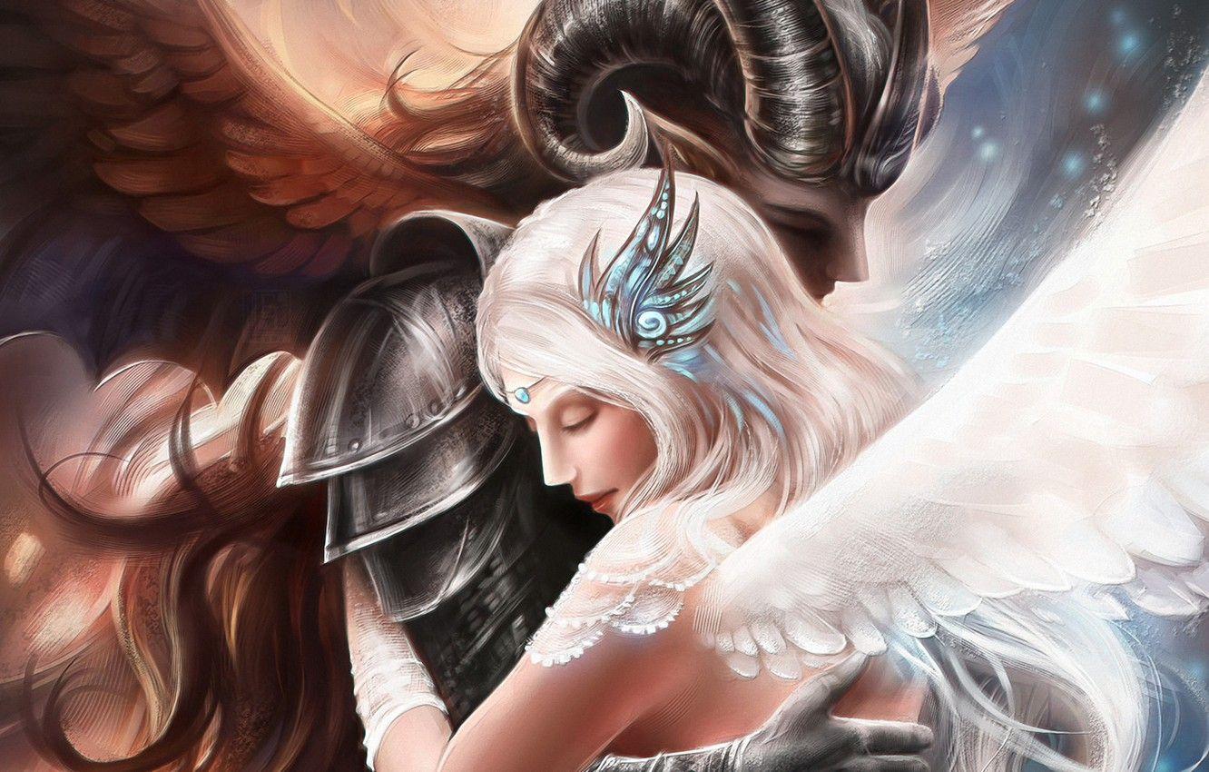 1332x850 Wallpaper girl, love, angel, the demon, art, hugs, guy image for desktop, section фантастика