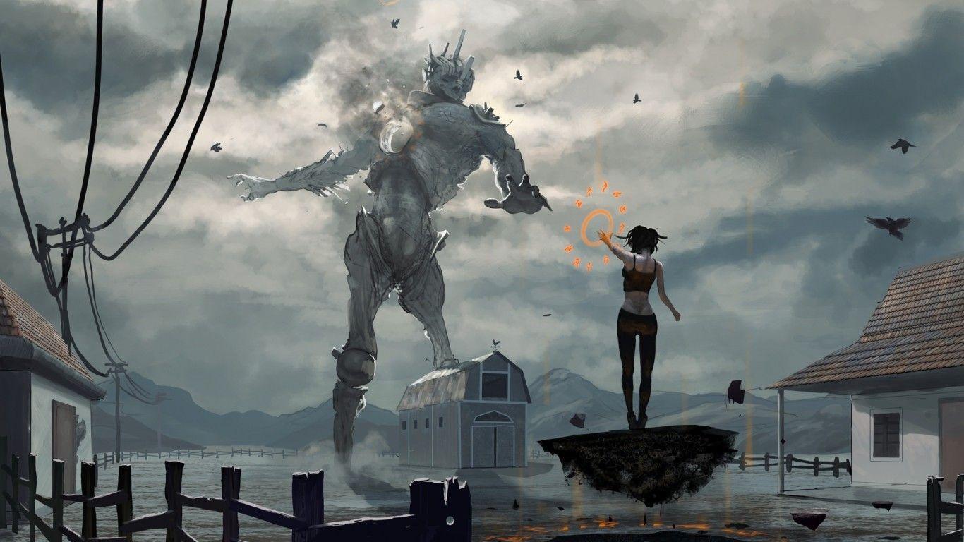 1366x768 artwork birds cities giant monsters monsters wallpaper / Wallbase.cc. Monster art, Art, Art wallpaper