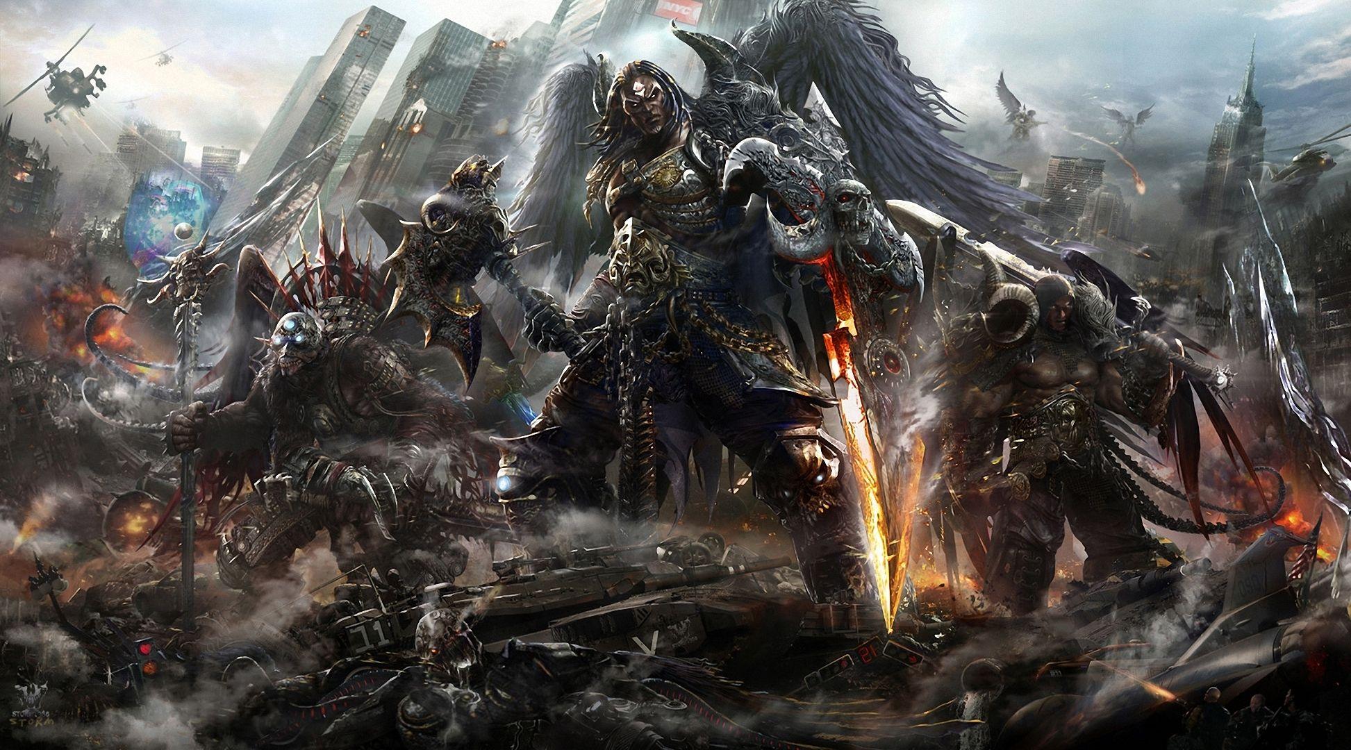 1945x1080 Monsters Warriors Demons Wings Armor Fantasy Art Games HD Wallpaper