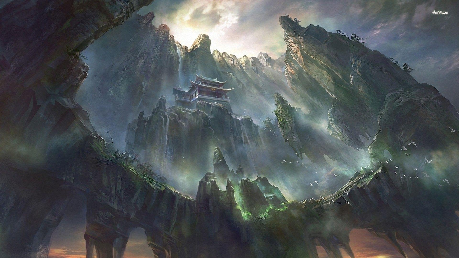 1920x1080 Temple in the mountains HD wallpaper. Fantasy art, Asian architecture, Art wallpaper
