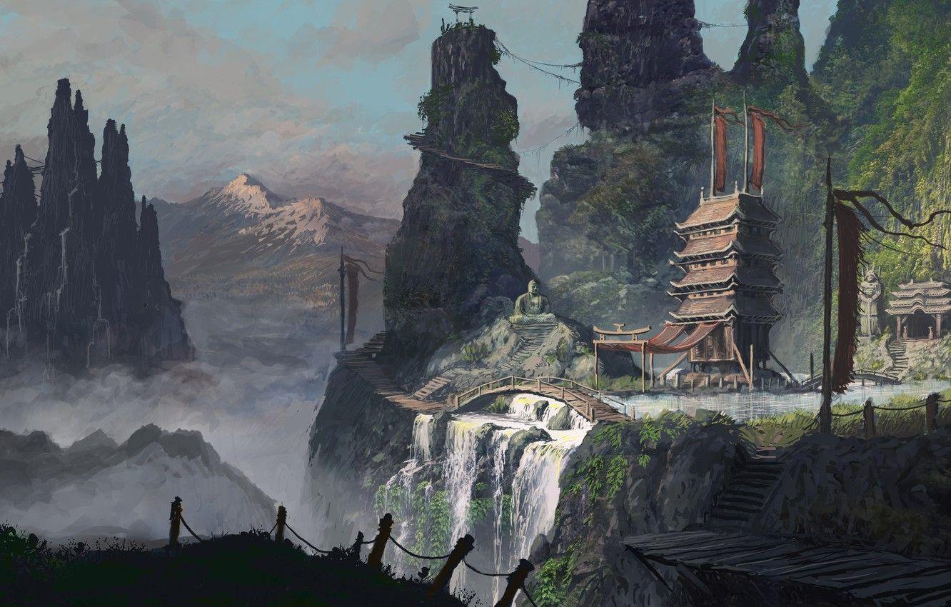 1332x850 Wallpaper mountains, Asia, people, art, temple, bridges image for desktop, section живопись