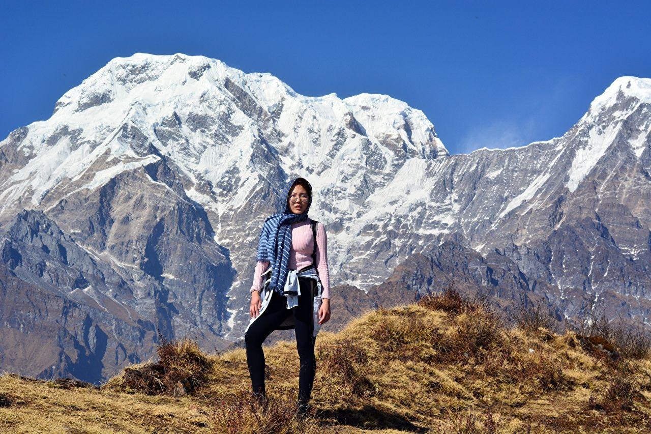 1280x853 image Tourist Himalayas, Nepal Cliff Nature Mountains young woman