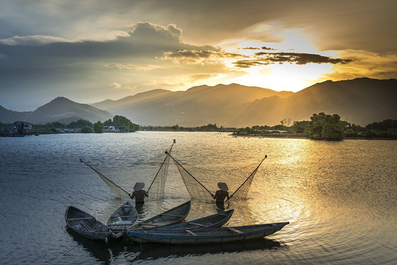1280x853 Desktop Wallpaper Two Hat Nature Fishing mountain Asiatic Sunrises
