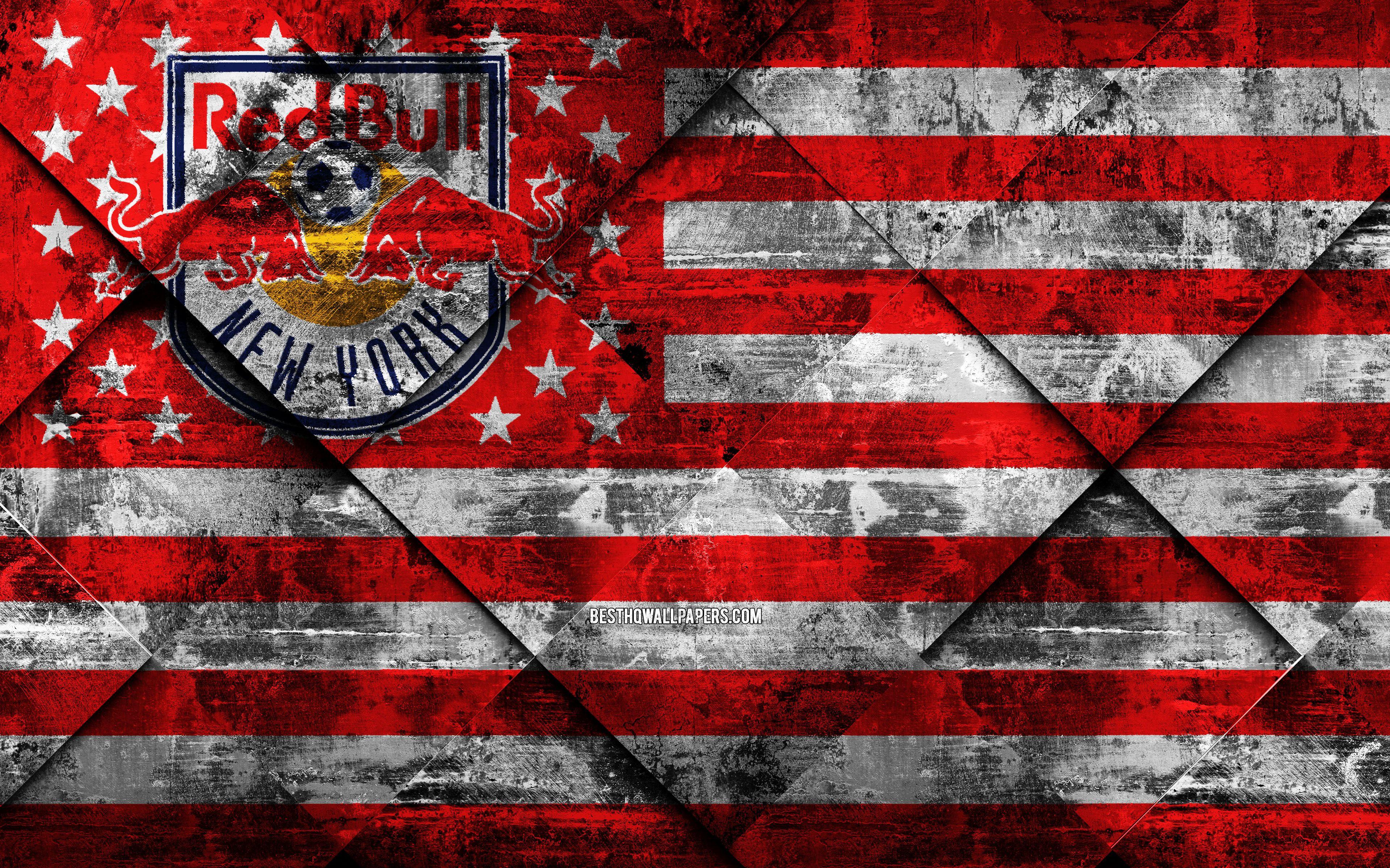 3840x2400 Download wallpaper New York Red Bulls, 4k, American soccer club, grunge art, grunge texture, American flag, MLS, New York, USA, Major League Soccer, USA flag, soccer, football for desktop with resolution 3840x2400