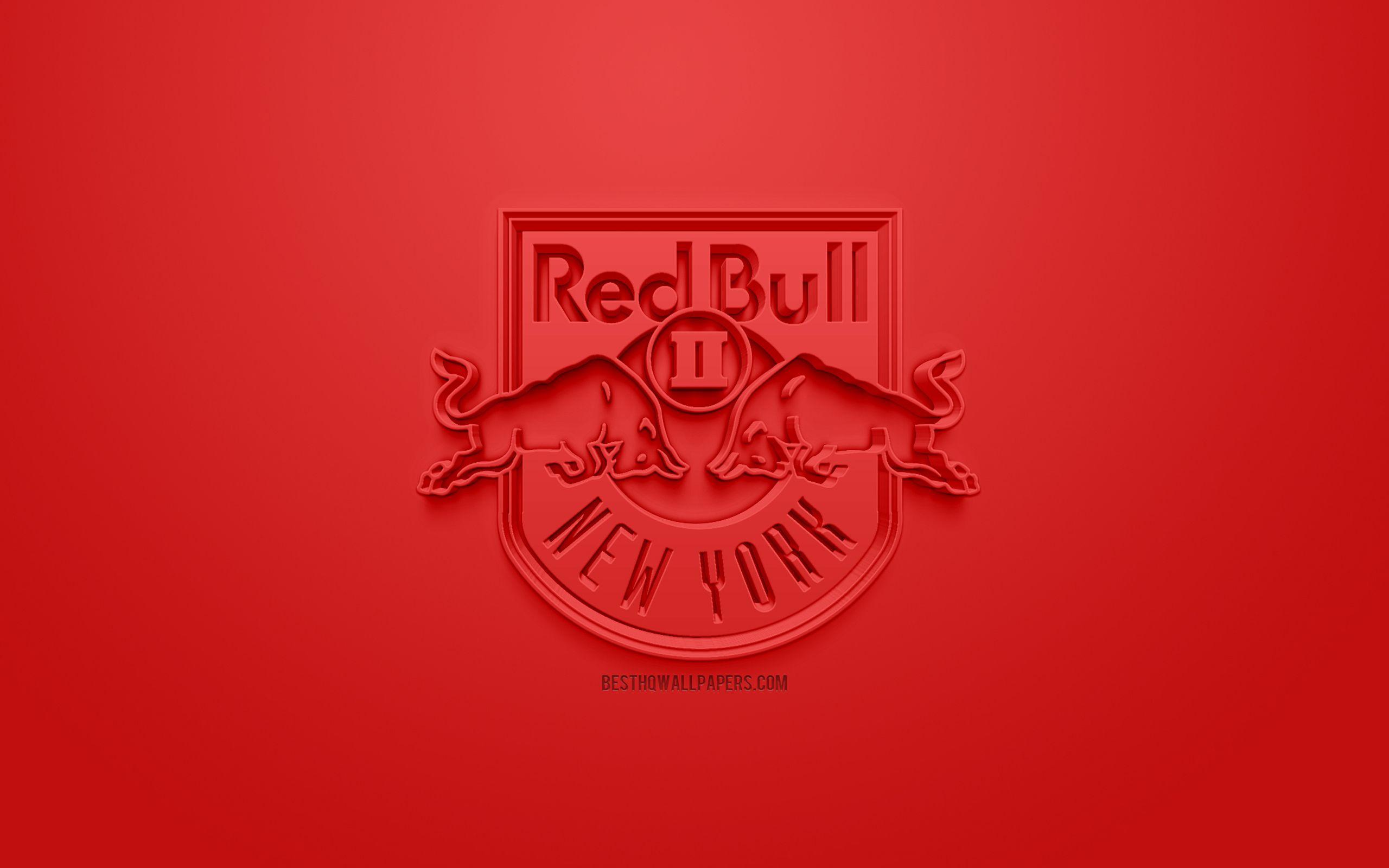 2560x1600 Download wallpaper New York Red Bulls creative 3D logo, USL, red background, 3D emblem, American football club, United States League, New York, USA, 3D art, football, stylish 3D logo for desktop