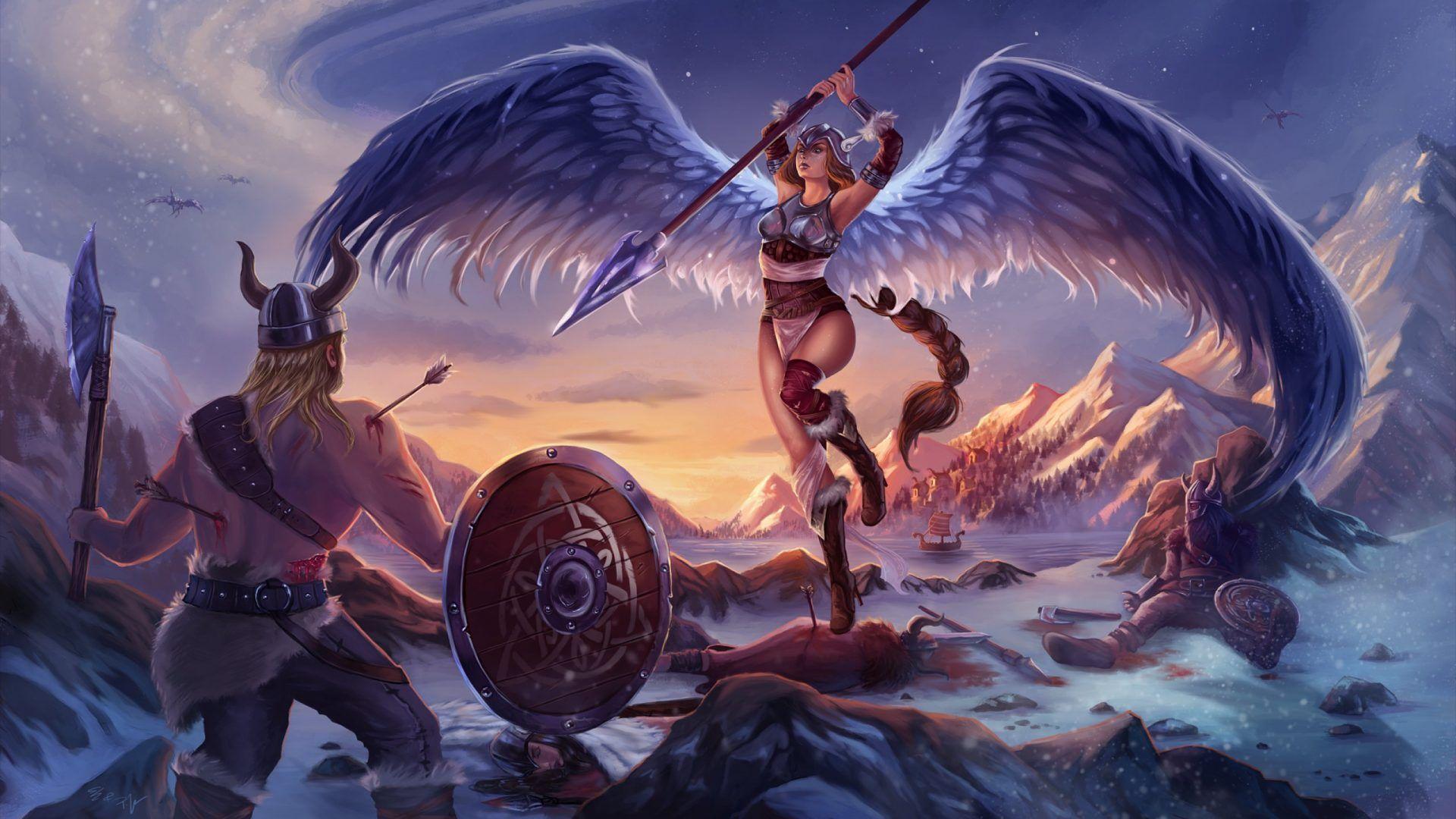 1920x1080 Viking And Girl Fantasy Angel Warrior Battle Art Artwork Art Wallpaper HD 2560x1440 :