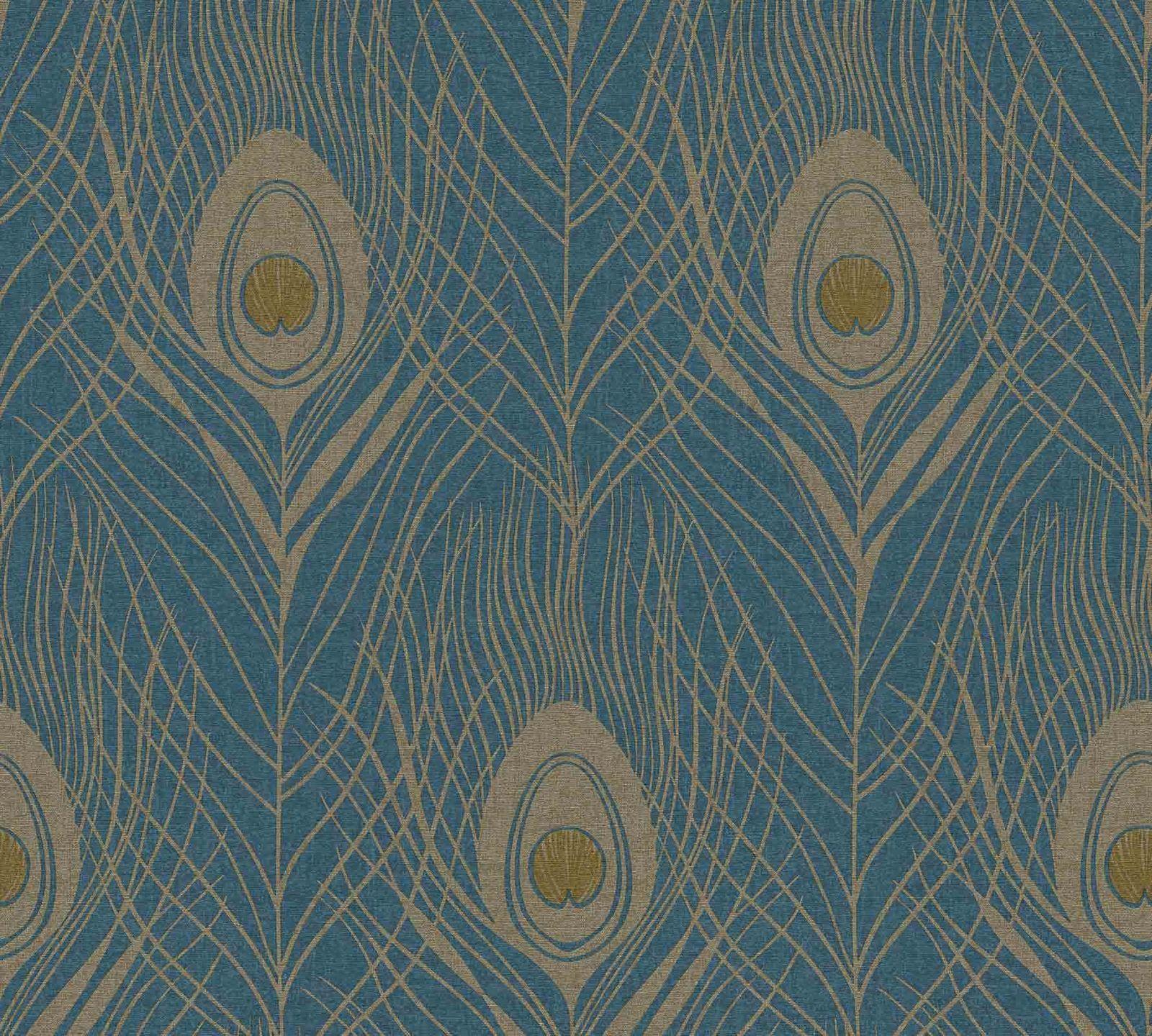 1600x1440 Non Woven Wallpaper Feathers Peacock Dark Blue Gold Gloss 36971 2