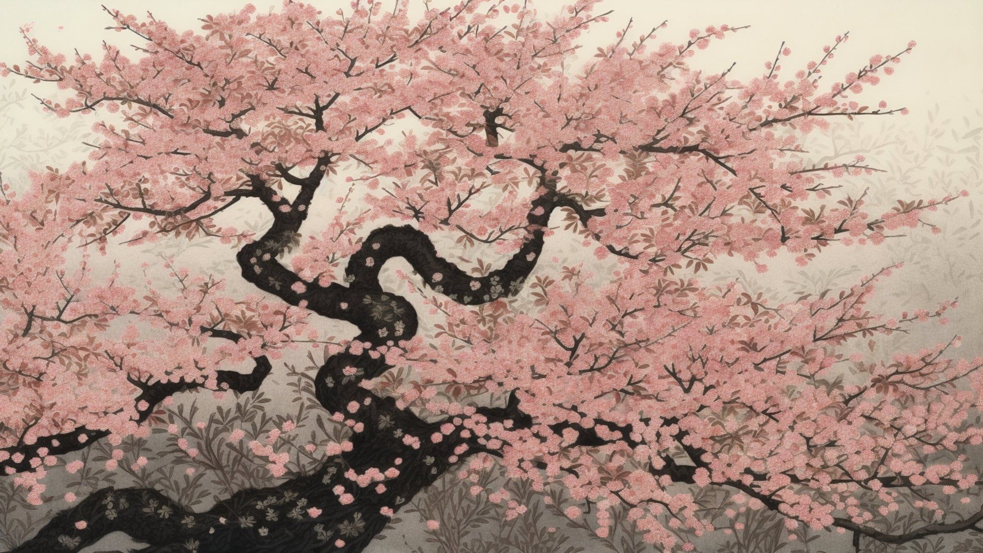2000x1125 Woodblock Cherry Blossom. AI Art Image. Japanese Woodblock Print. Delicate Pink Flowers. Soft Pastel Background. Tranquil. TV Wall Art