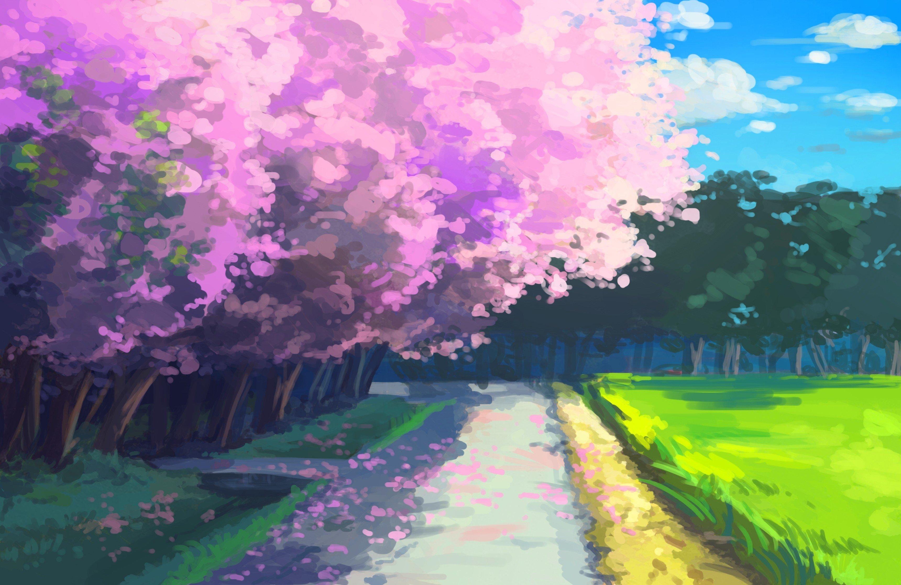3440x2234 Anime Sakura Trees HD Wallpaper