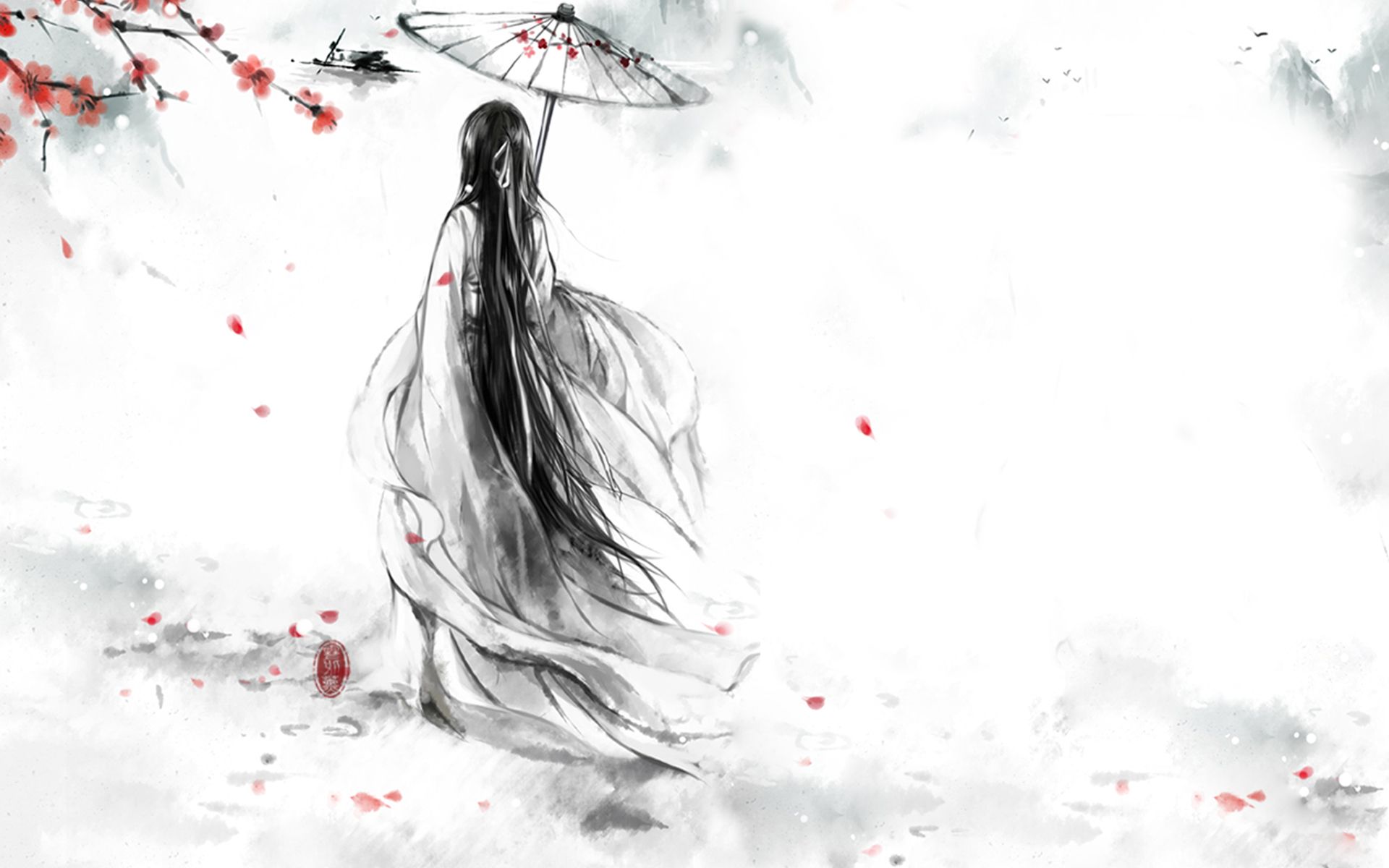 1920x1200 Wallpaper red, flowers, umbrella, kimono, petals, girl, Sakura, monochrome for mobile and desktop, section стиль, resolution 1920x1200