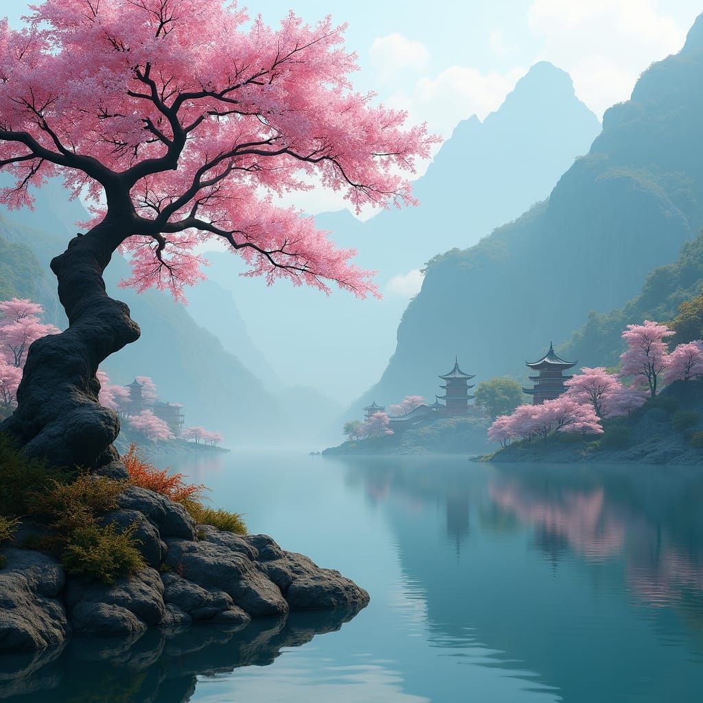 1024x1024 Sakura Tree Reflecting Japanese Temples, Hyper Rea