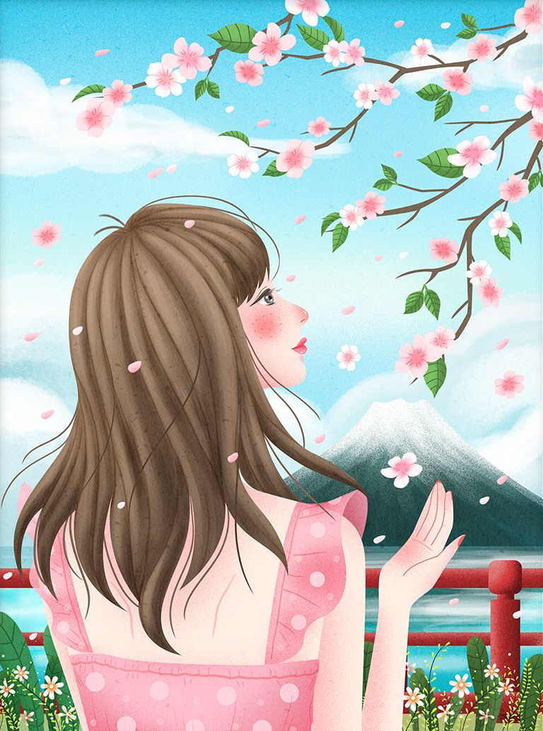 768x1034 Japanese Cherry Blossom Festival Fresh And Beautiful Girl Sakura Viewing Drawing Illustration. PSD Free Download