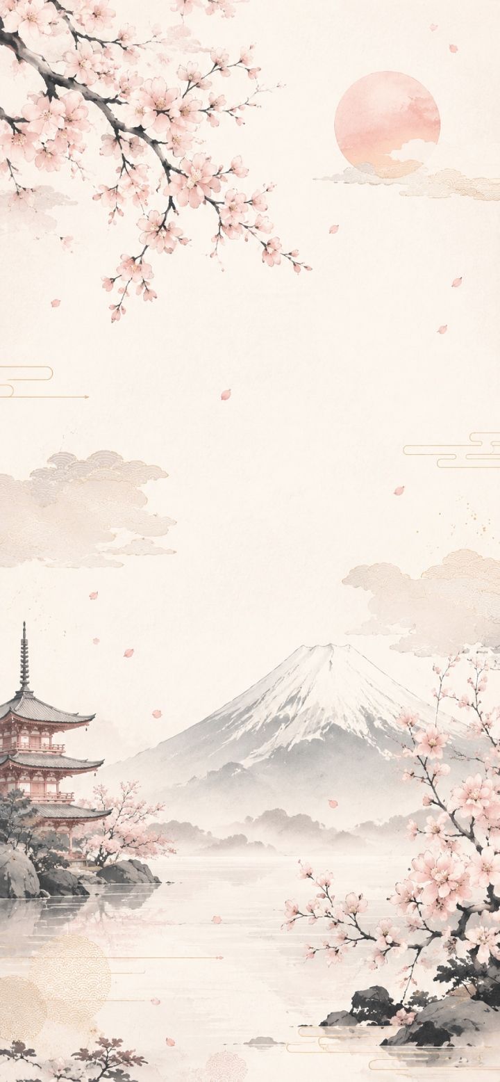 720x1556 Mount Fuji Cherry Blossom Spring Phone Wallpaper : Japanese Watercolour Landscape