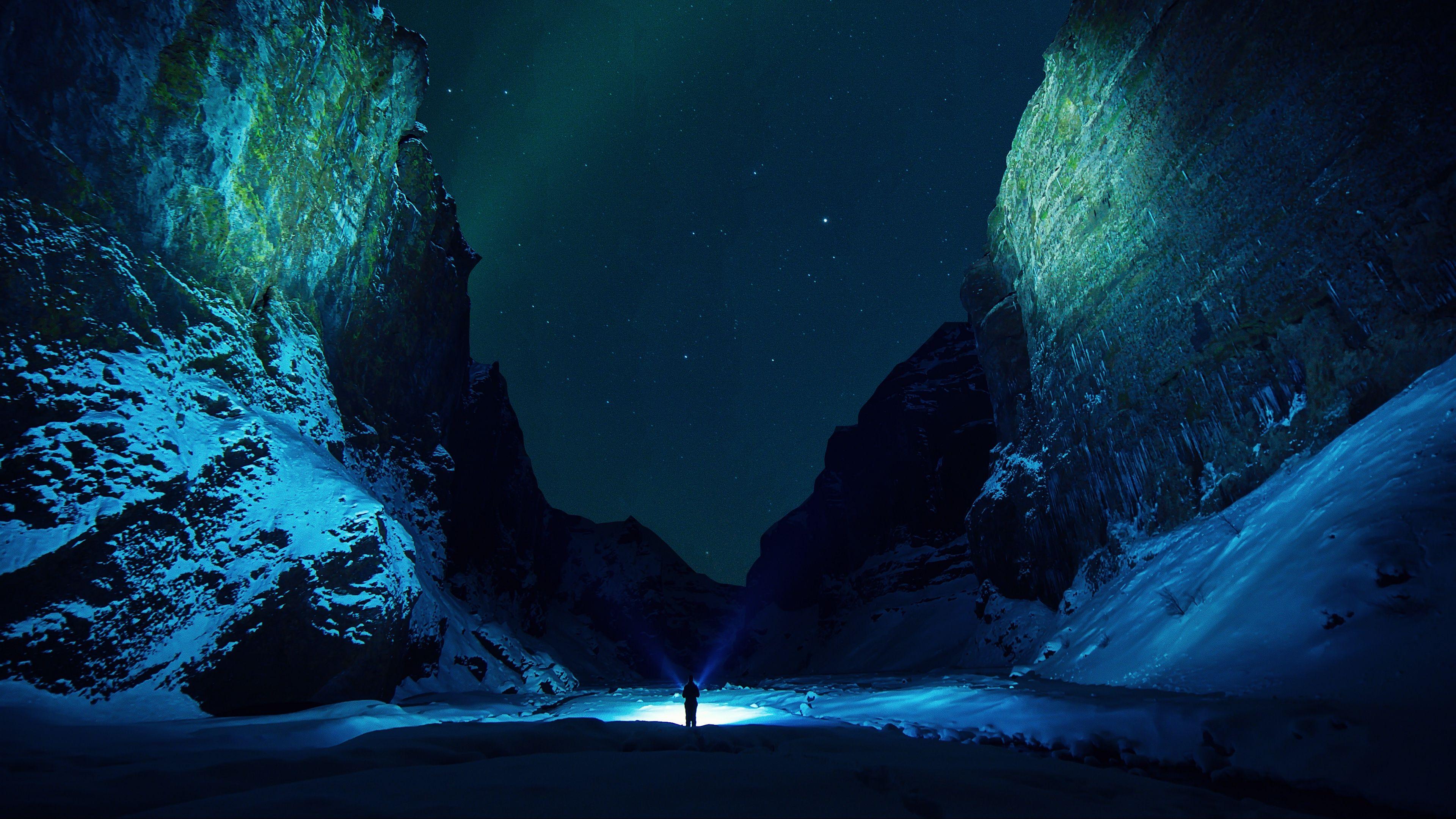 3840x2160 Wallpaper 4k mountains, starry sky, snow, ice floes, night 4k Wallpaper