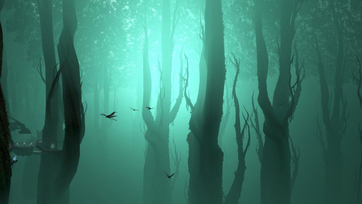 1244x700 Green Halo Sci Fi Forest Fog Fantasy Wallpaperx1080