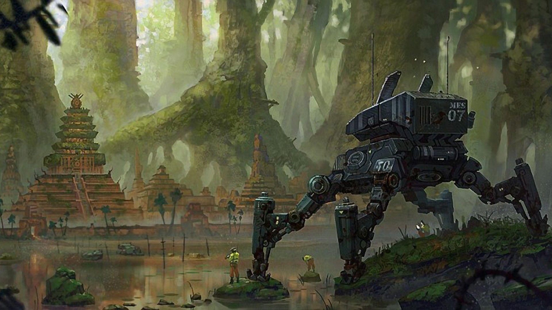 1920x1080 Download Wallpaper, Download 1920x1080 trees ruins robots futuristic forest rocks peru aztec science fiction. Concept art, Sci fi concept art, Concept art world