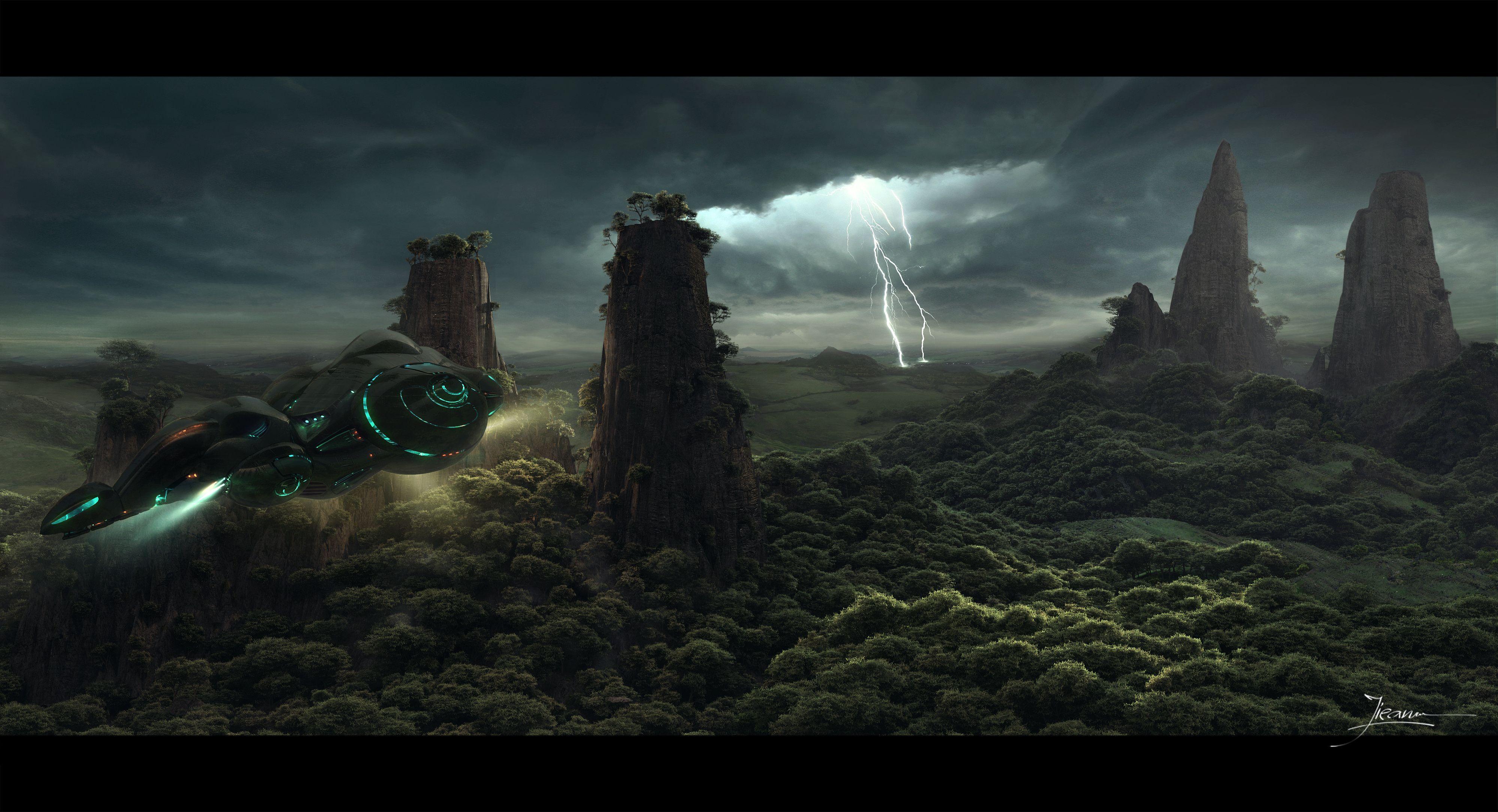 3999x2169 Forest Cgi Bolt Spaceships Science Fiction Lightning Shuttle