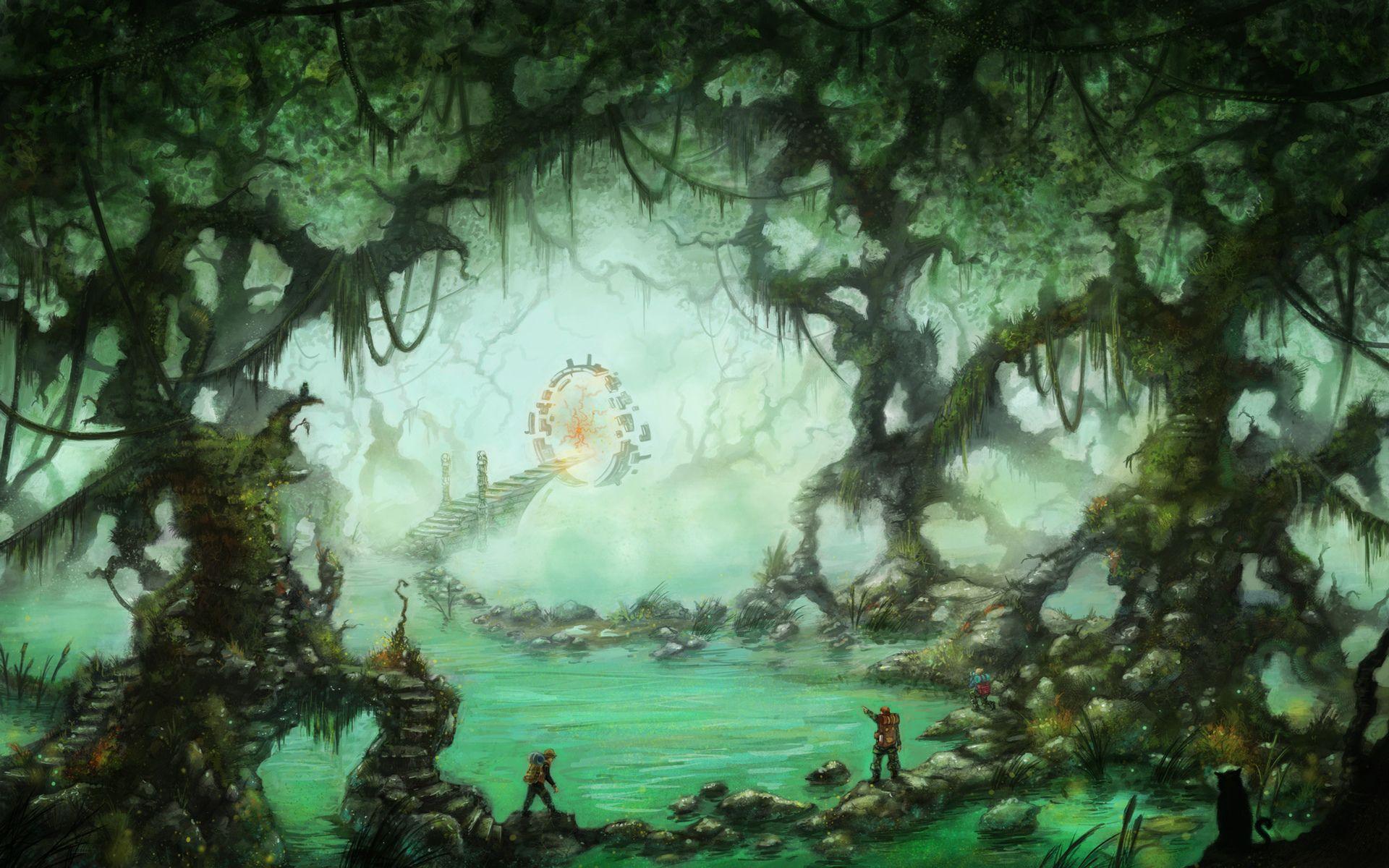 1920x1200 Fantasy sci fi gate time portal trees forest art astronaut wallpaperx1200