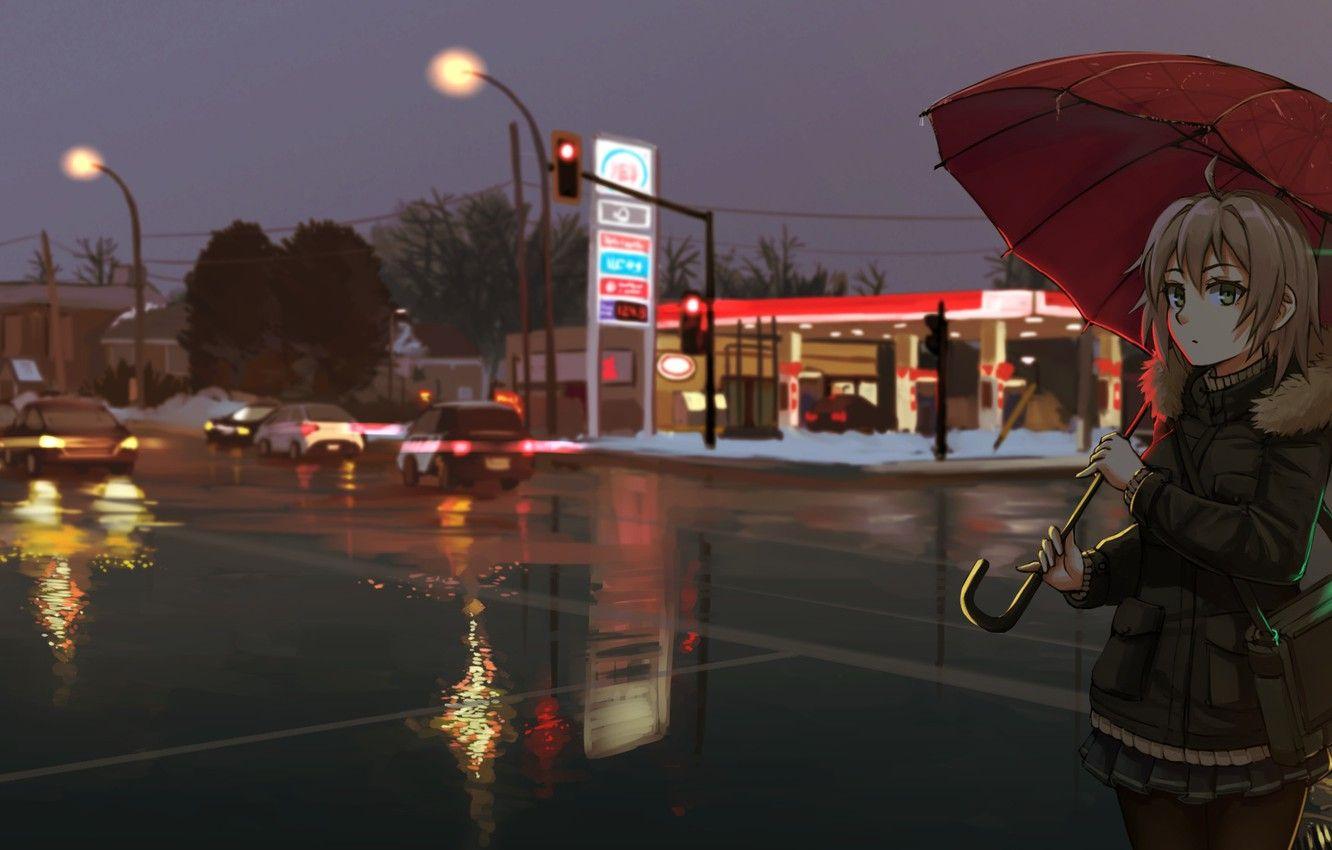 1332x850 Wallpaper girl, night, the city, umbrella, anime, art image for desktop, section арт