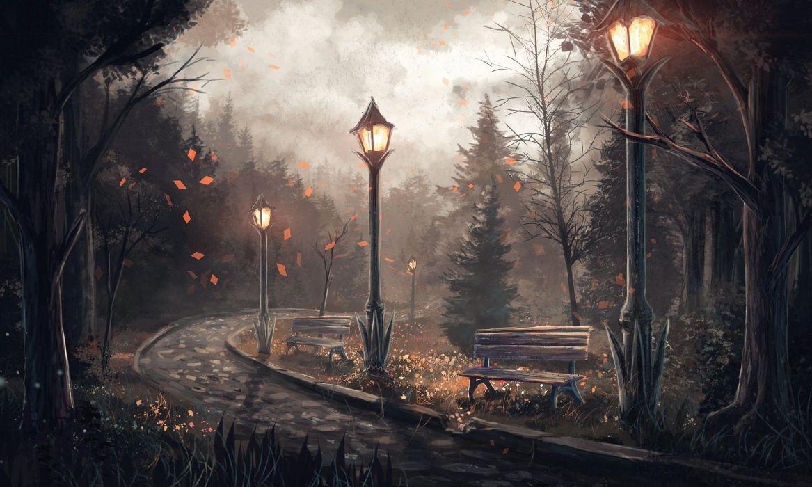 1167x700 Painting anime tree forest landscape leaf lamb night wallpaperx1200
