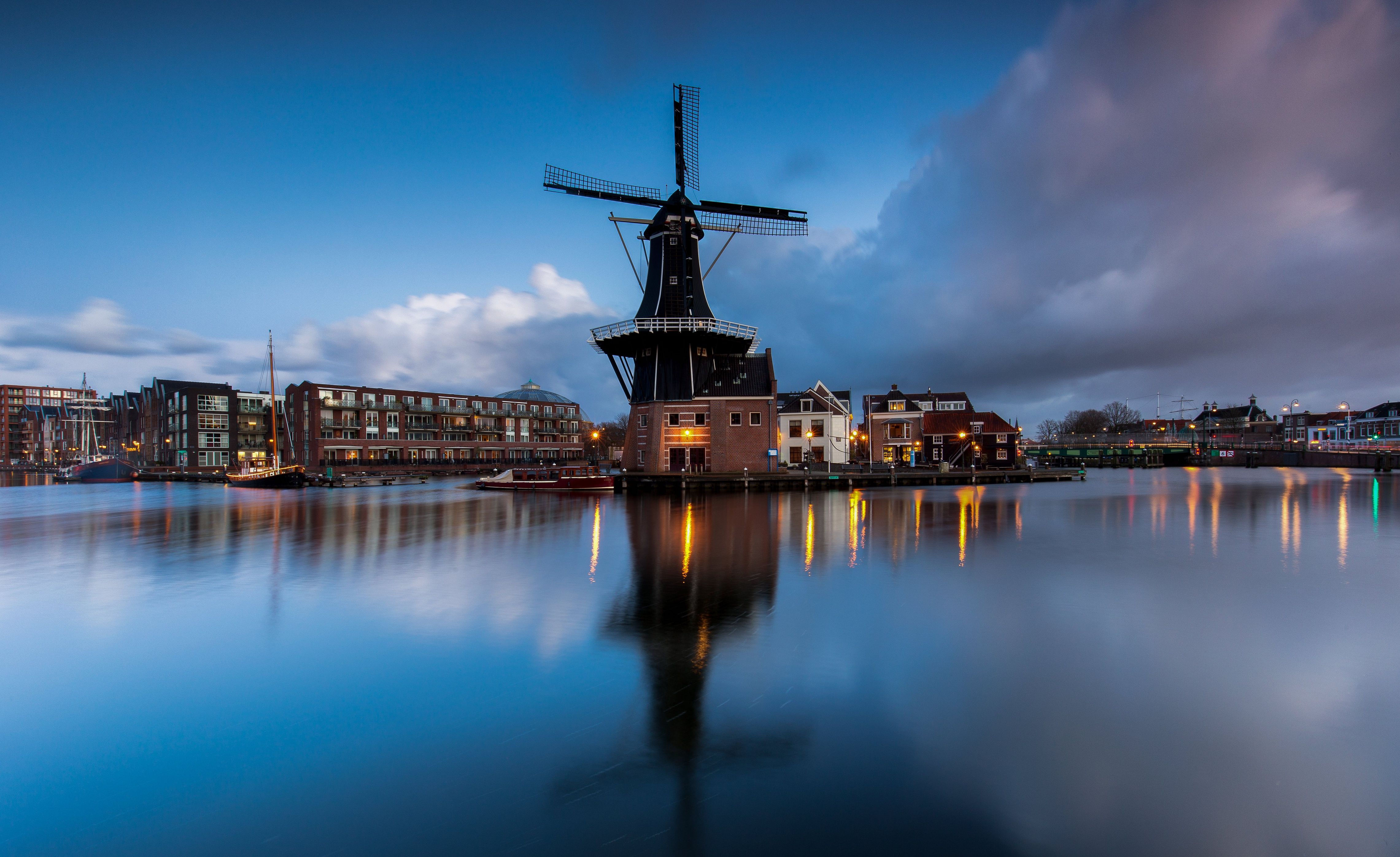 4562x2794 Wallpaper Haarlem, mill, Papentorenvest, Netherlands, the evening for mobile and desktop, section город, resolution 4562x2794