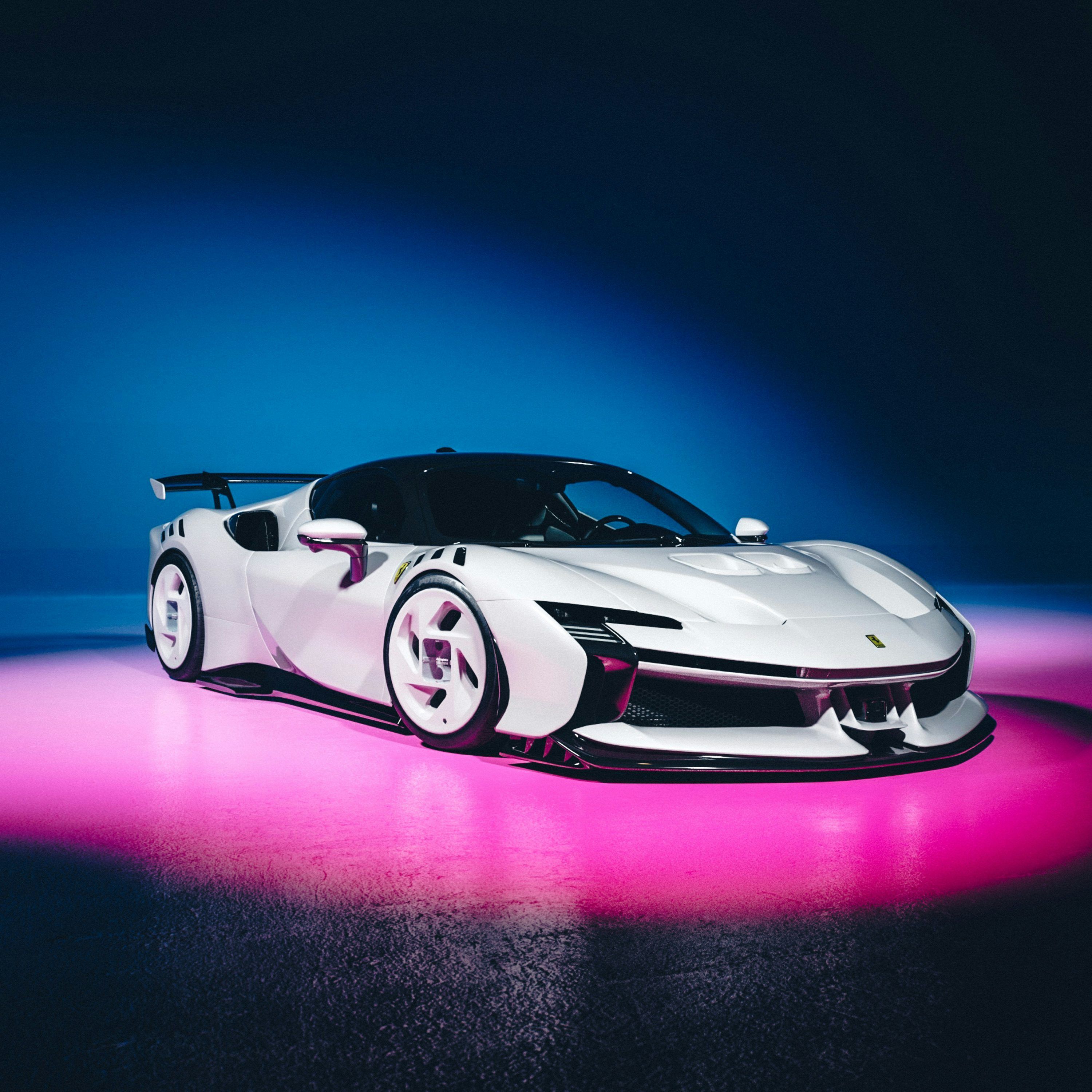 3000x3000 White sports car with pink and blue lighting