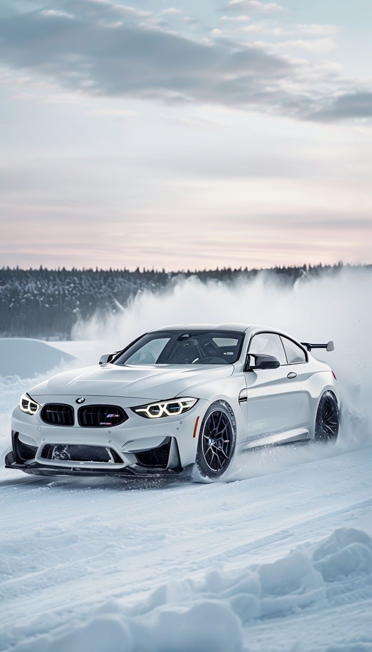 768x1344 Dynamic White BMW M4 Sports Car in Motion on Snowy Landscape Mobile Wallpaper