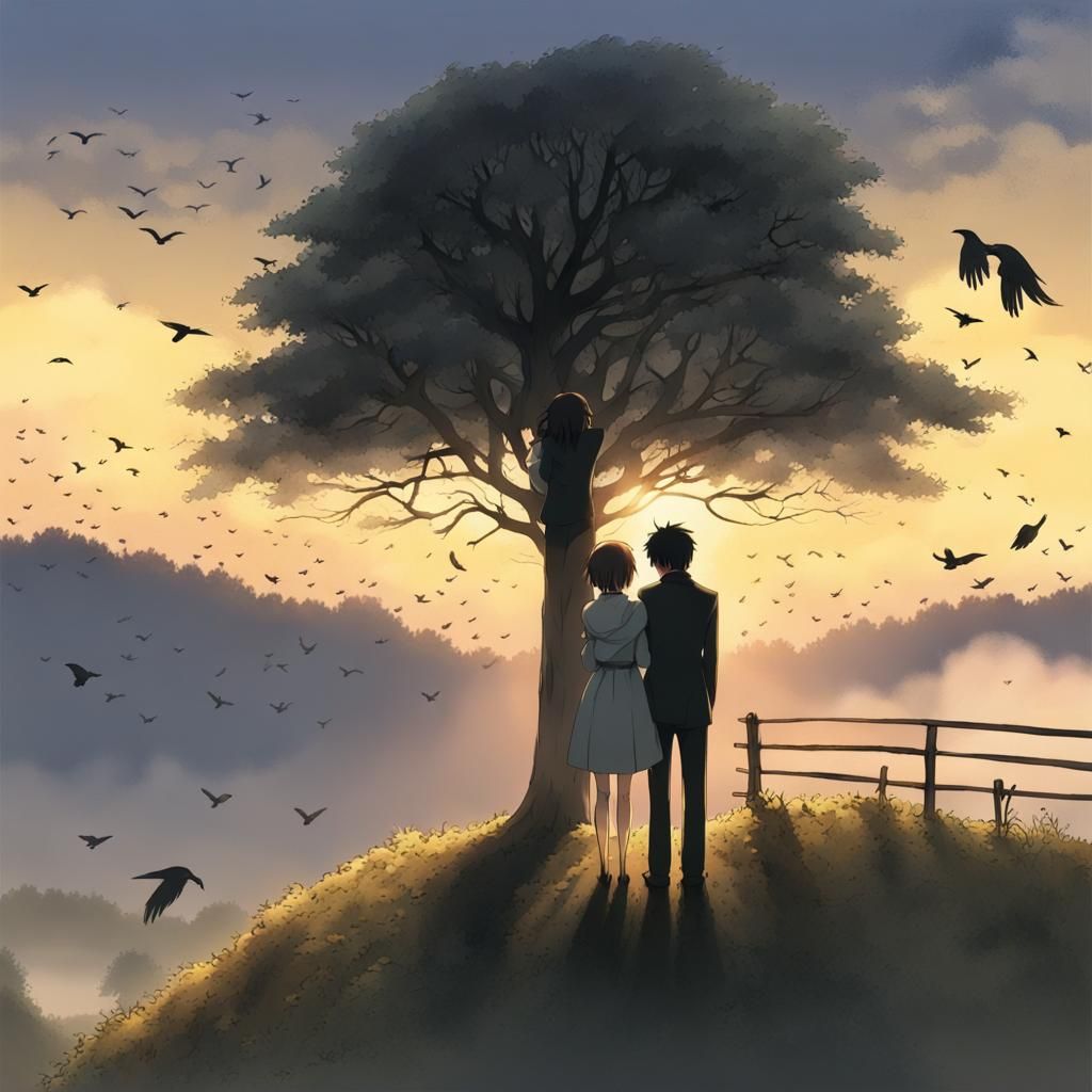1024x1024 Anime Husband Wife Romantic Sunset Embrace In Anime Style AI Art