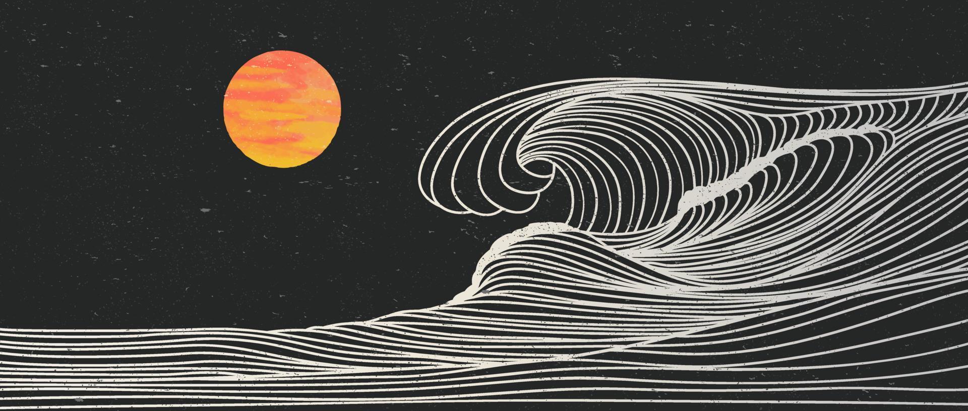 1920x816 Ocean wave landscape. Creative minimalist modern line art print. Abstract contemporary aesthetic background landscapes. with Ocean, sea, skyline, wave and sunset. vector illustrations