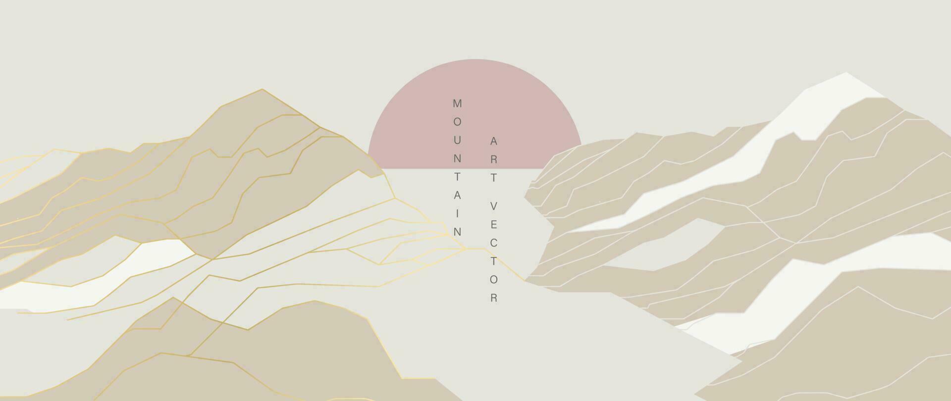 1920x810 Mountain line art wallpaper. Contour drawing luxury scenic landscape, hills, sun. Panorama view of mountain design illustration for cover, invitation background, packaging design, banner and print