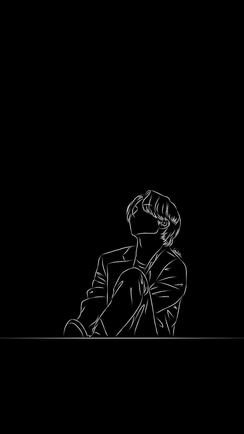 800x1422 Black Line Art, Boy Sitting, art work, HD phone wallpaper