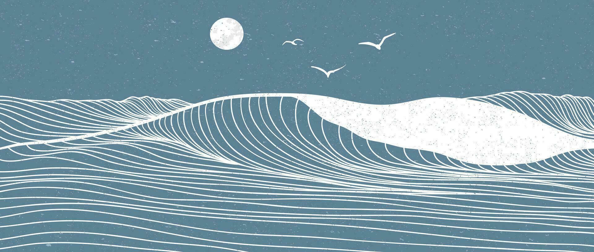 1920x816 Ocean wave landscape illustration. Creative minimalist modern line art print. Abstract contemporary aesthetic background landscapes. with Ocean, sea, skyline, wave and sunset