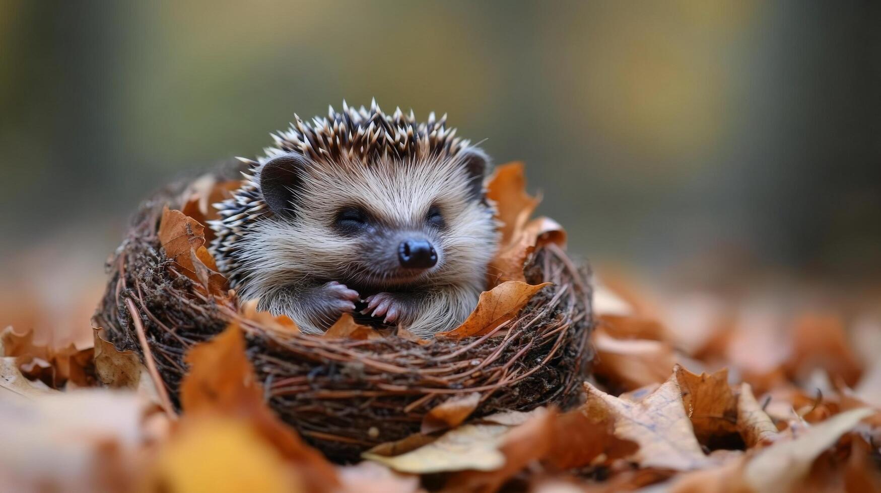 1749x980 Igel Eingebettet Im Herbst Blätter Innerhalb Ein Gemütlich Nest Im Ein Heiter Wald Rahmen 54676205 Stock Photo Bei Vecteezy