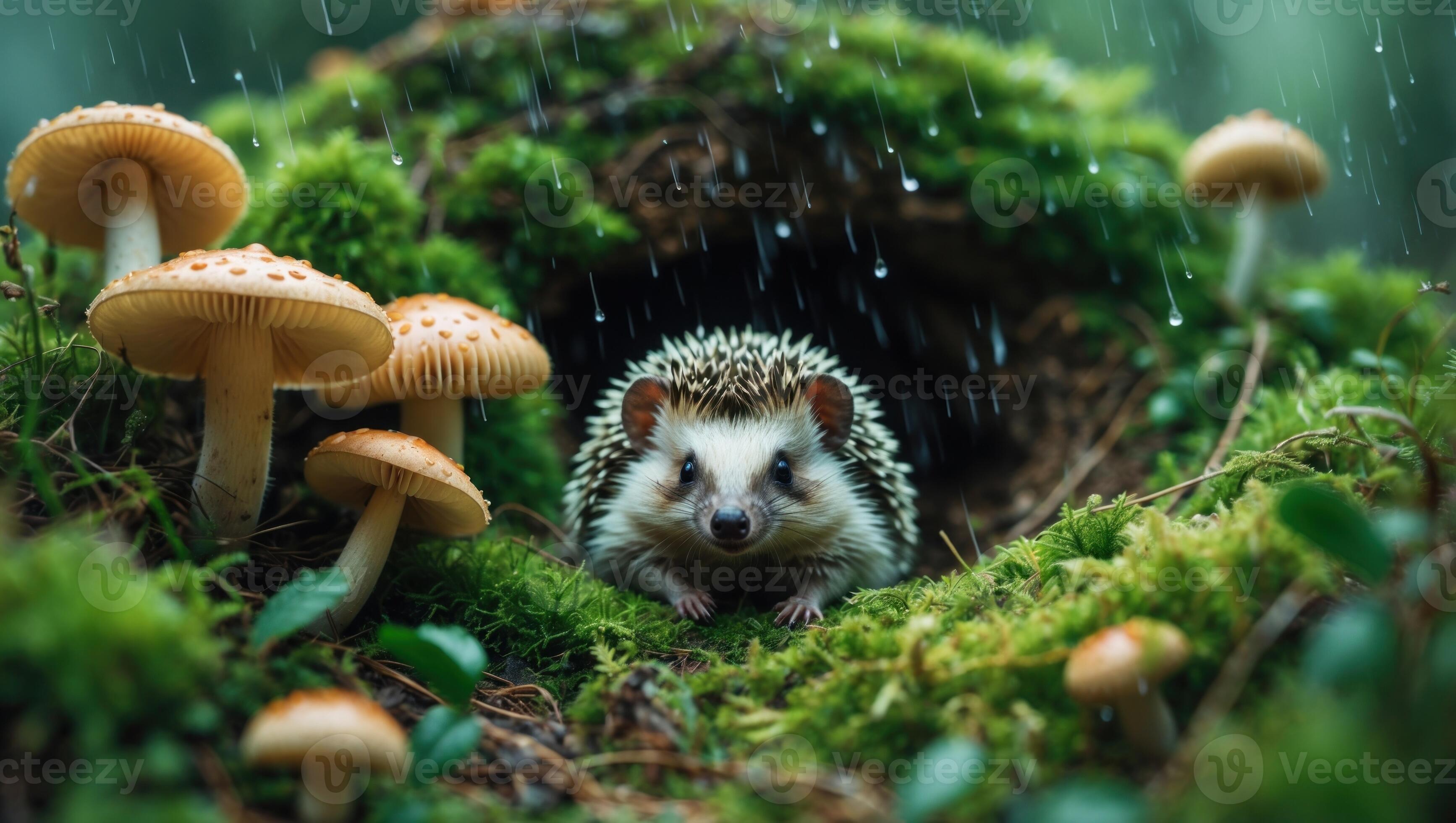 3468x1960 Ein Igel Entstehenden Von Es Ist Bau Umgeben Durch Beschwingt Pilze Im Ein üppig, Regnerisch Wald 68414300 Stock Photo Bei Vecteezy