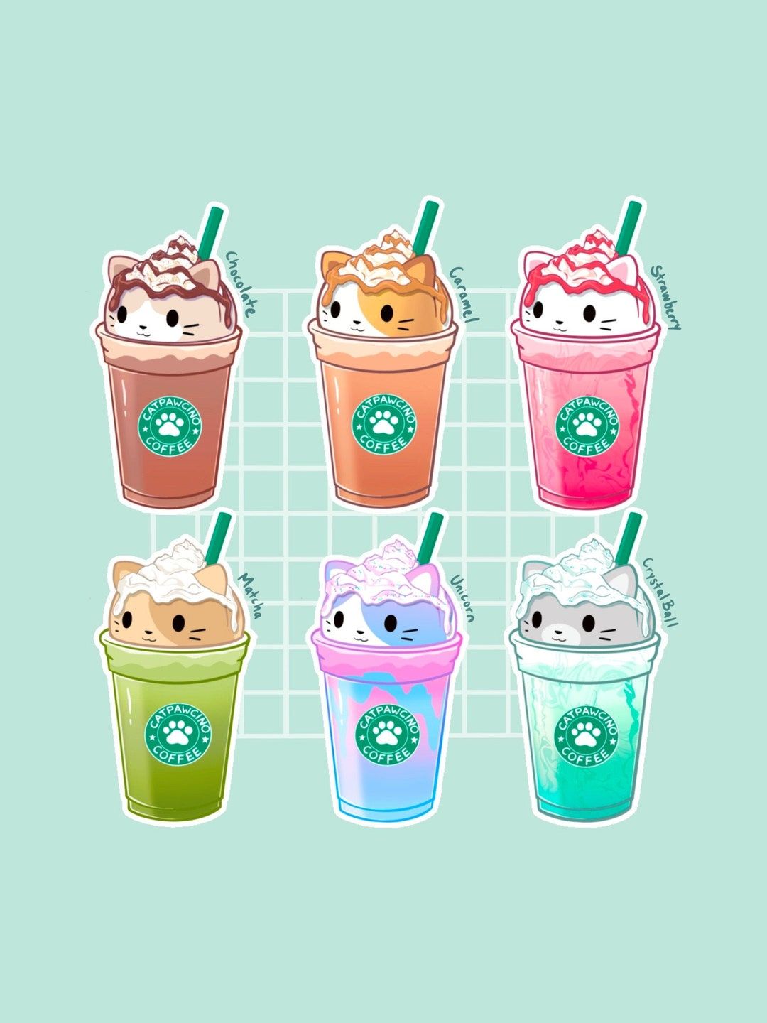 1080x1440 Cat Paw Cino. Catpuccino Sticker. Frappuccino. Glossy Water Resistant Stickers Pack. Kawaii. Cute Sticker