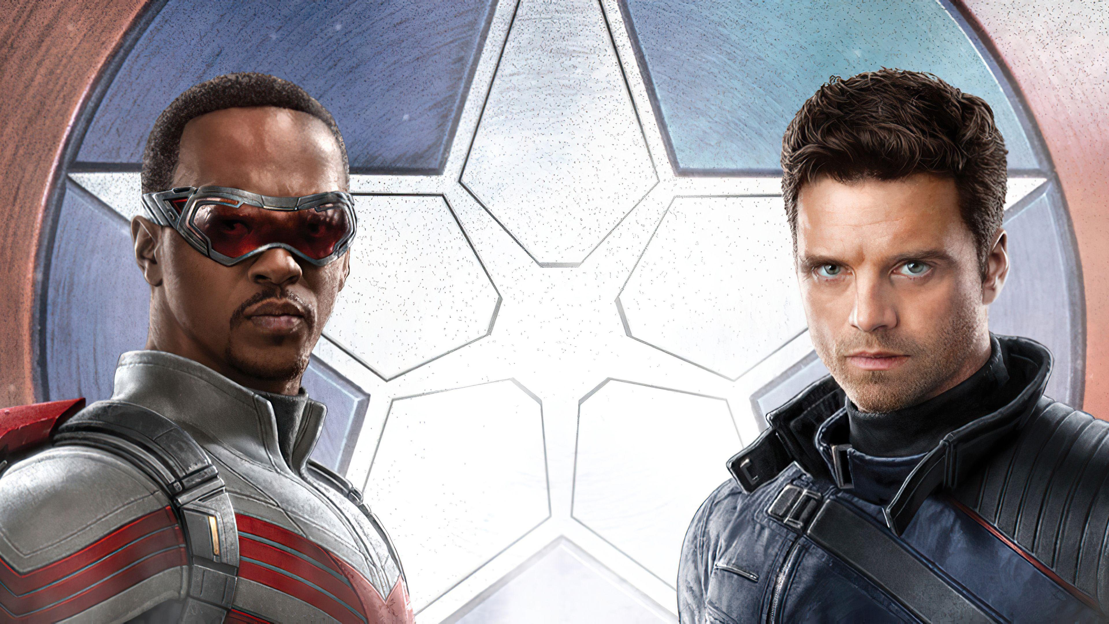 3840x2160 The Falcon and the Winter Soldier Anthony Mackie Bucky Barnes Falcon Sam Wilson Sebastian Stan Winter Soldier 4K HD Movies Wallpaper