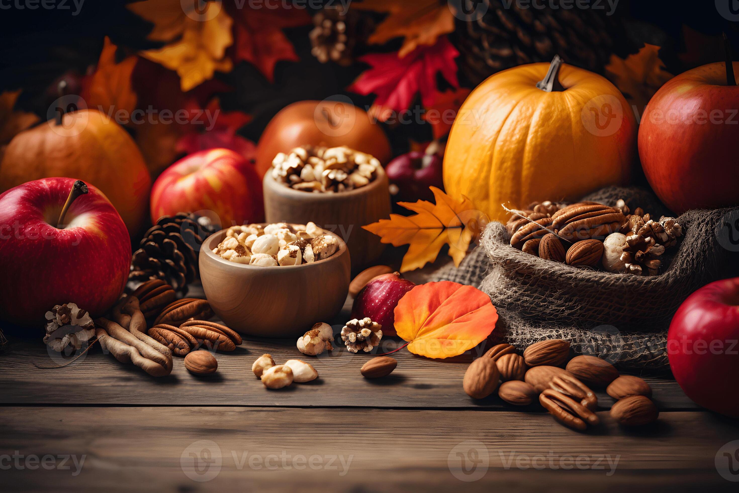2940x1960 AI generated Autumn fall baking background with pumpkins, apples, nuts, food ingredients and seasonal spices, banner. Cooking pumpkin or apple pie and cookies for Thanksgiving and autumn holidays. 39000231