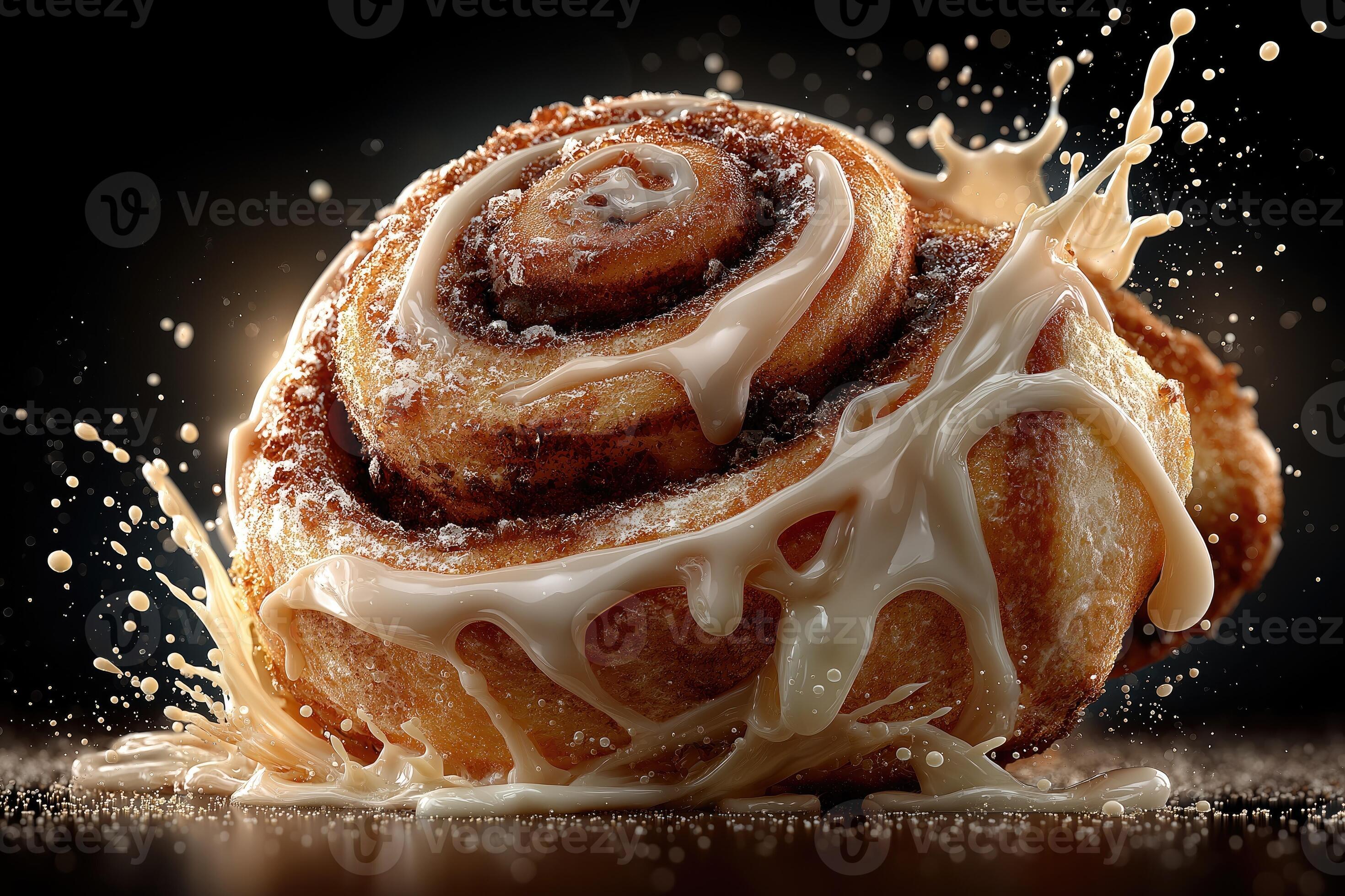 2940x1960 Delicious cinnamon roll covered in icing splashing on dark background