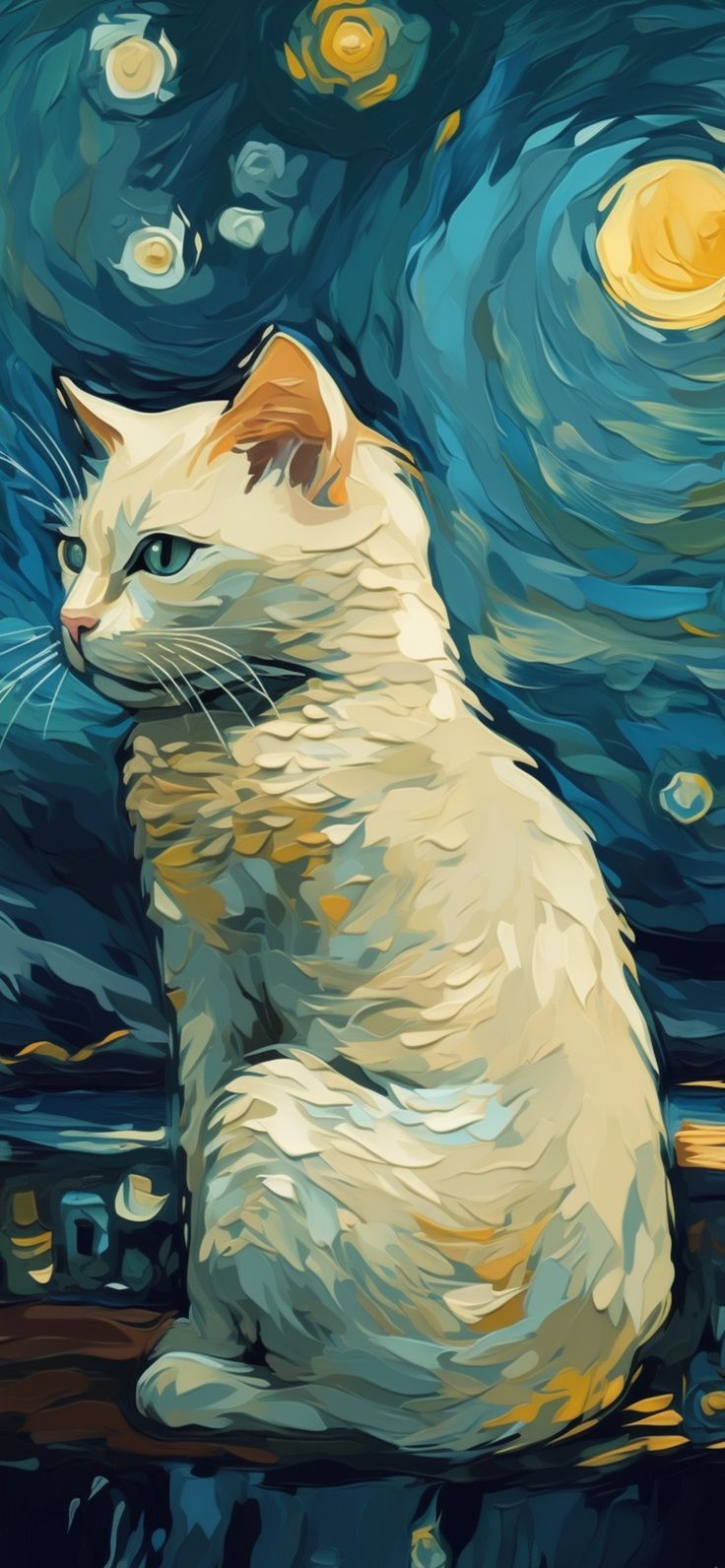 736x1592 White Cat in Van Gogh Style Wallpaper