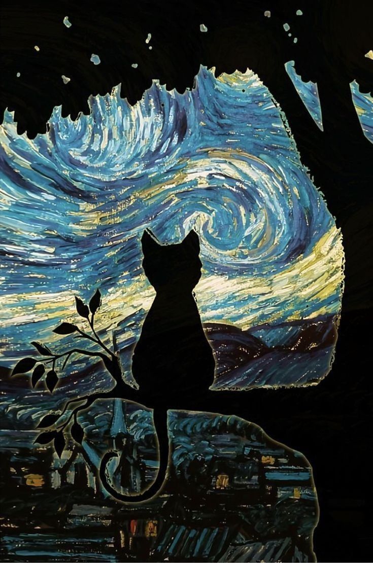 735x1110 Van Gogh Inspired Cat Art. Starry night cat drawing, Starry night cat poster, Van gogh cat wallpaper