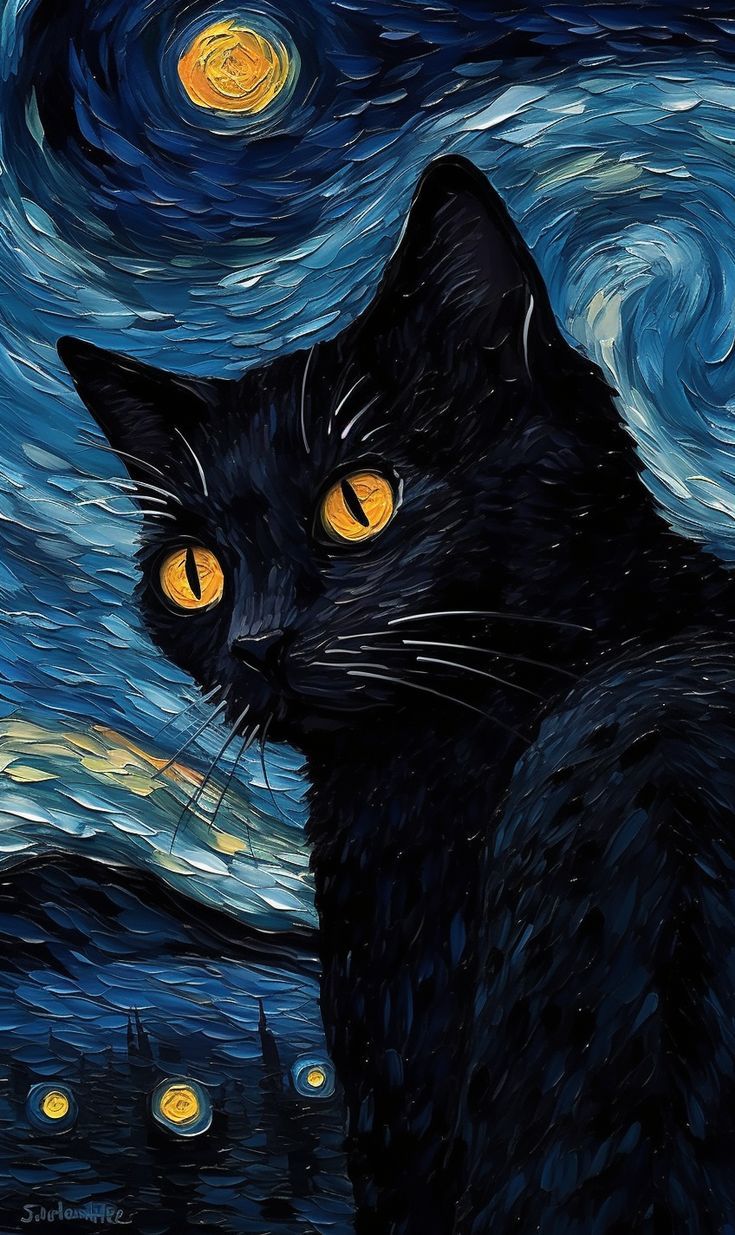 735x1235 Black Cat Art Painting of a Black Cat Looking Up at the Stars. Arte van gogh, Рисунки на холсте, Cat painting