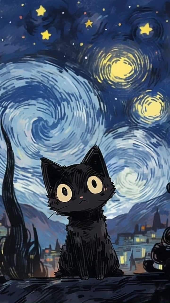 720x1280 Cute Halloween Cats. #Halloween Cats #Cats #Animals. Starry night wallpaper, Arte van gogh, Cat art