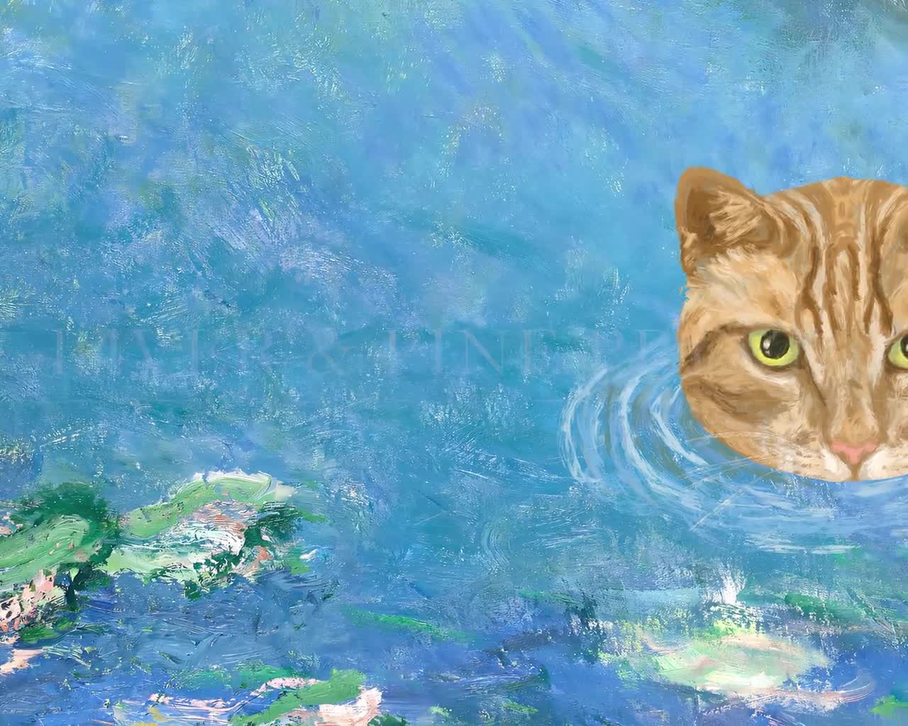 1280x1024 Samsung Frame TV Art, Orange Cat Painting, Claude Monet Ginger Cat Art, Floral Artwork, Funny Cat Art Gift, Impressionism Decor