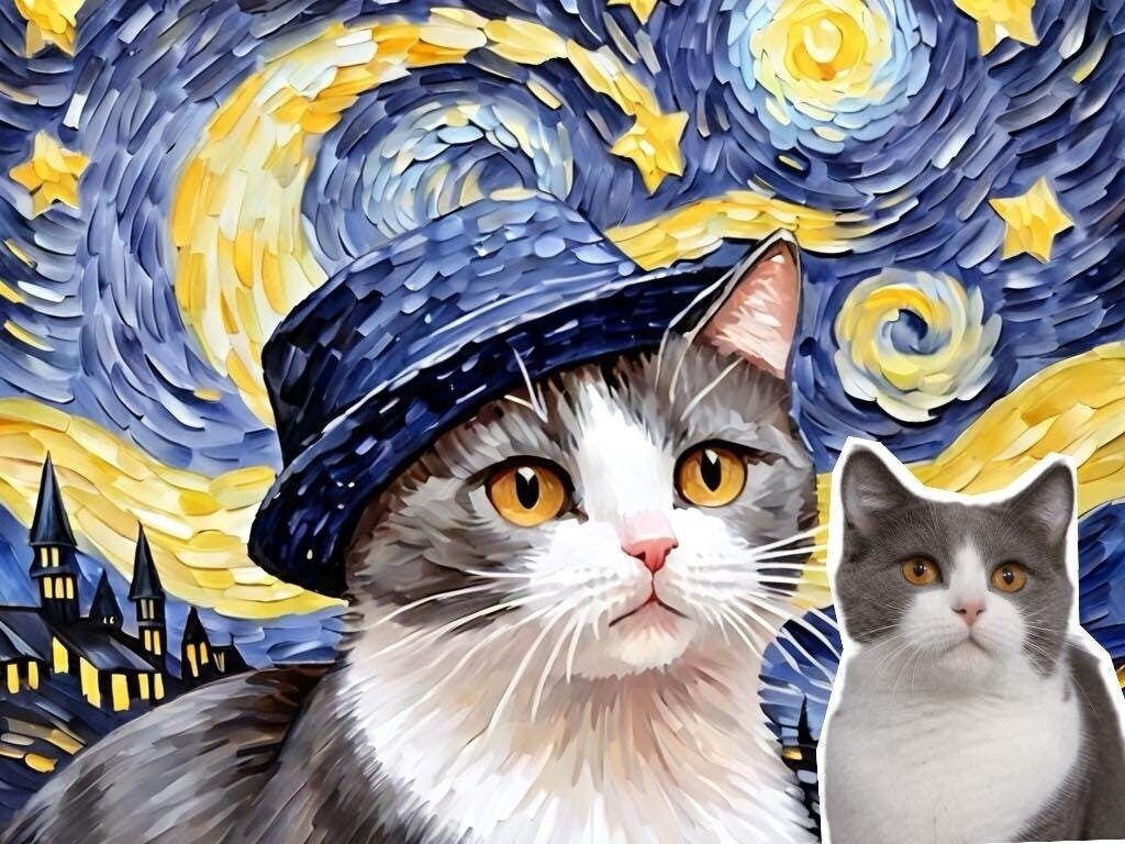 1024x768 Starry Night Pet Portrait from Photo, Custom Pet Digital Art, Portrait Art Design, Personalized Dog Cat Portrait, gift for cat dog lover