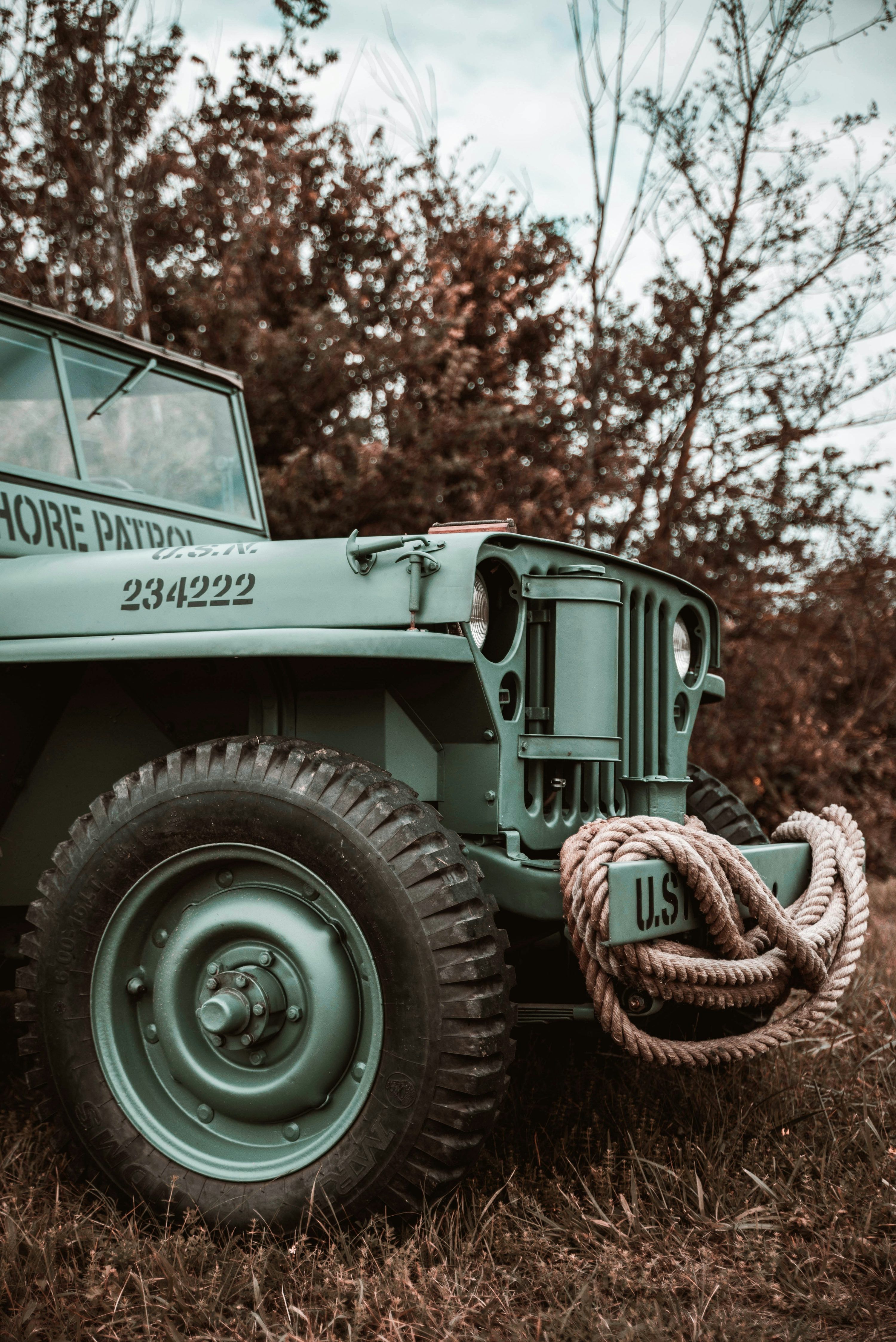3000x4494 A green jeep parked on top of a grass covered field
