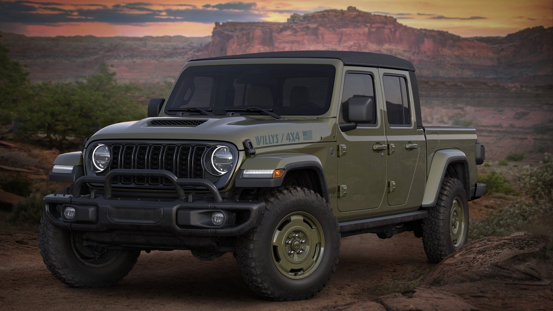 1920x1080 Jeep Gladiator Drops With Full Military Cosplay and Olive Green Wheels