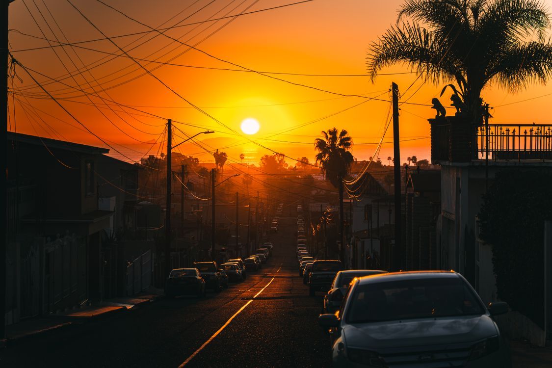 1125x750 Sunset Street Scene with Palm Trees and Cars · Free